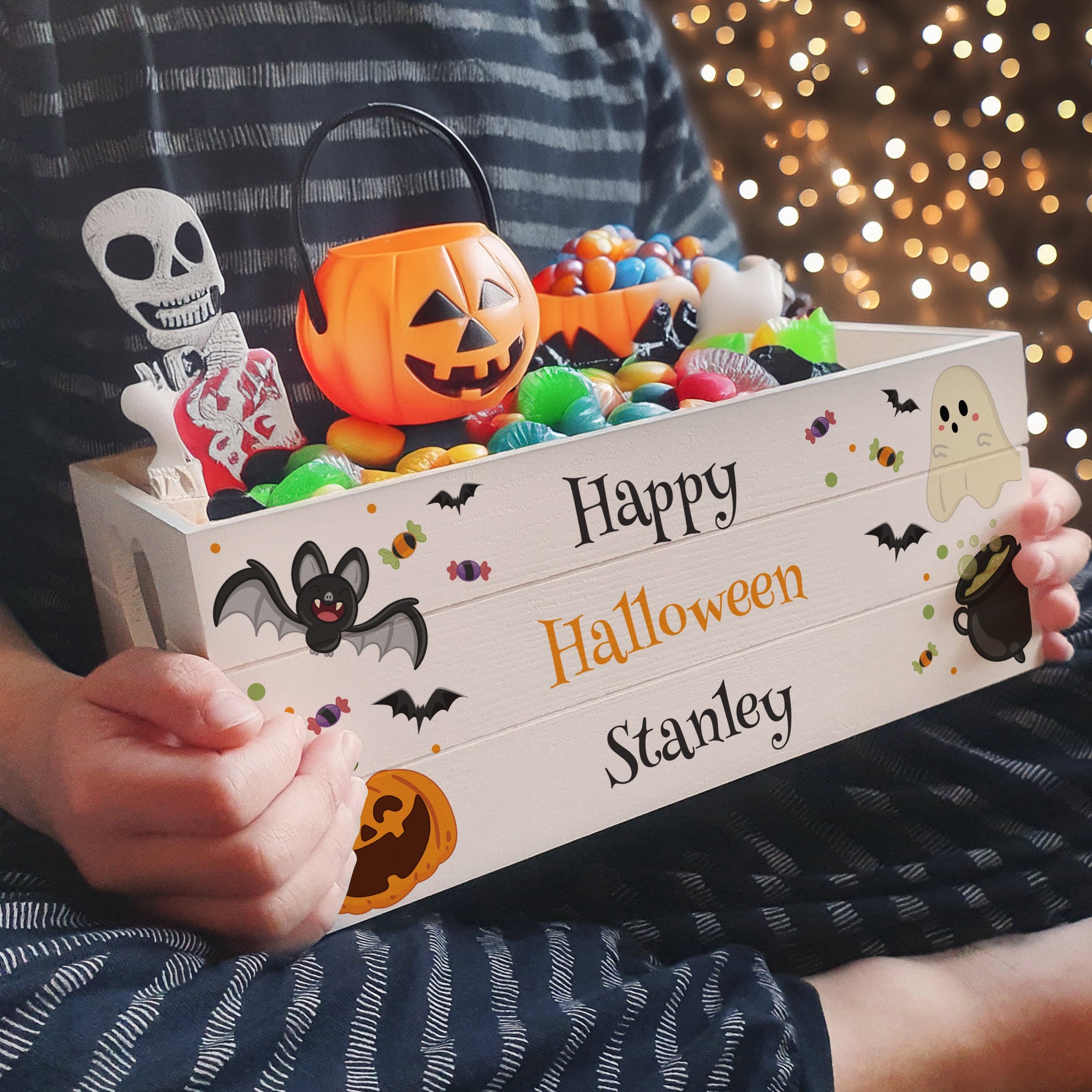 Personalised Halloween Small Wooden Treats Crate: 3 - Storage By Gift Moments