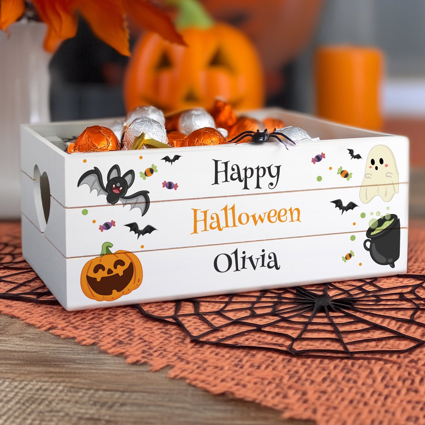 Personalised Halloween Small Wooden Treats Crate: 6 - Storage By Gift Moments