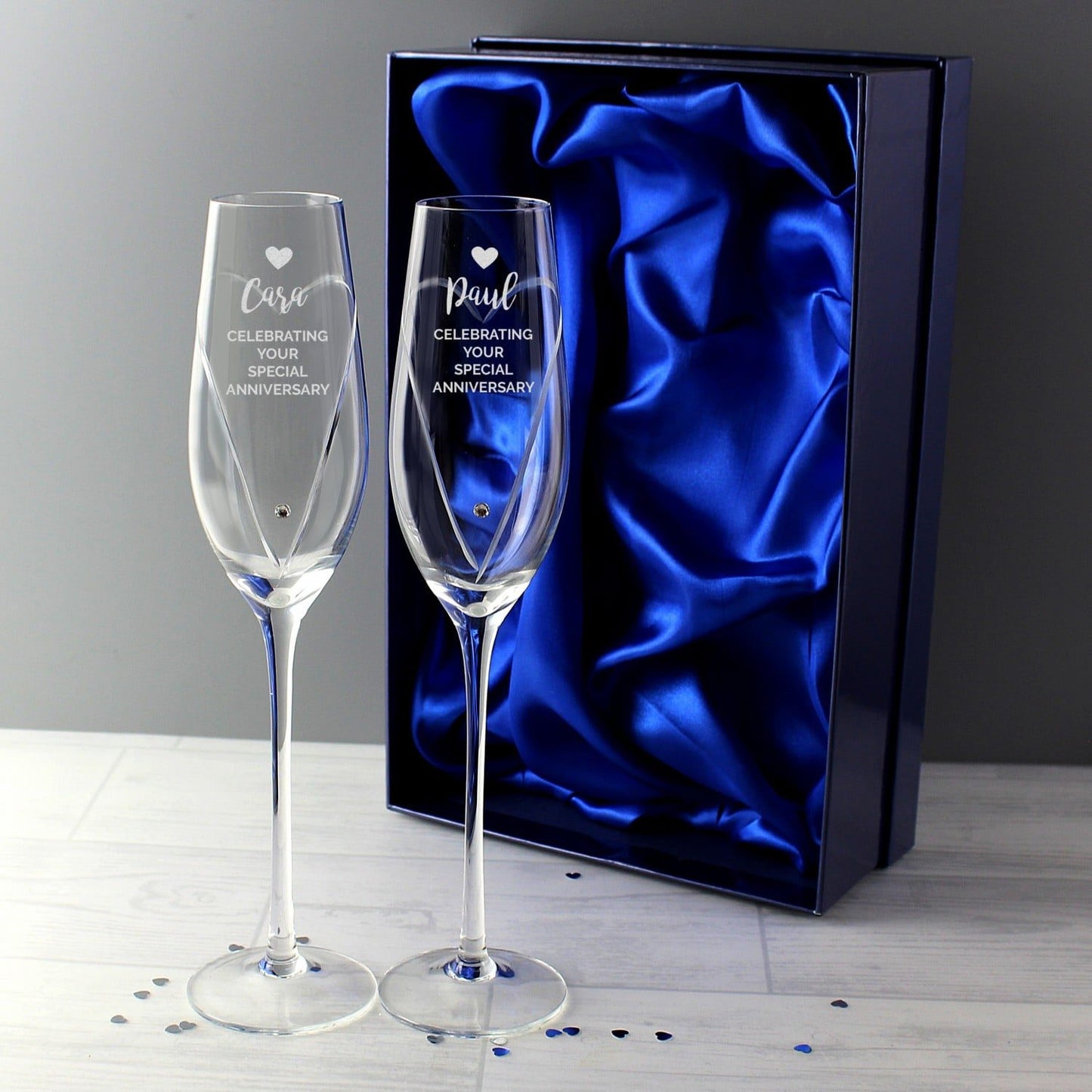 Personalised Hand Cut Heart Celebration Pair of Flutes with Gift Box: 1 - Champagne Flutes By Gift Moments