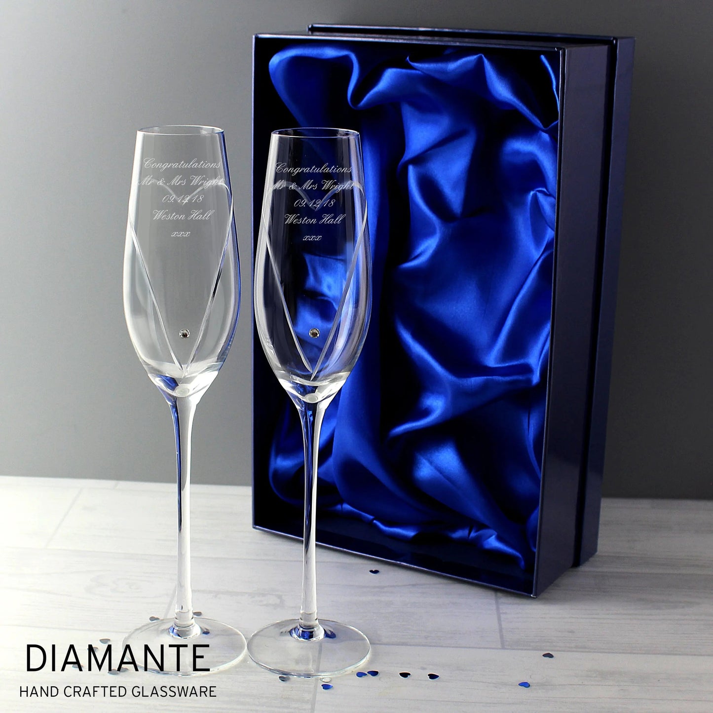 Personalised Hand Cut Heart Pair of Flutes with Gift Box: 2 - Champagne Flutes By Gift Moments