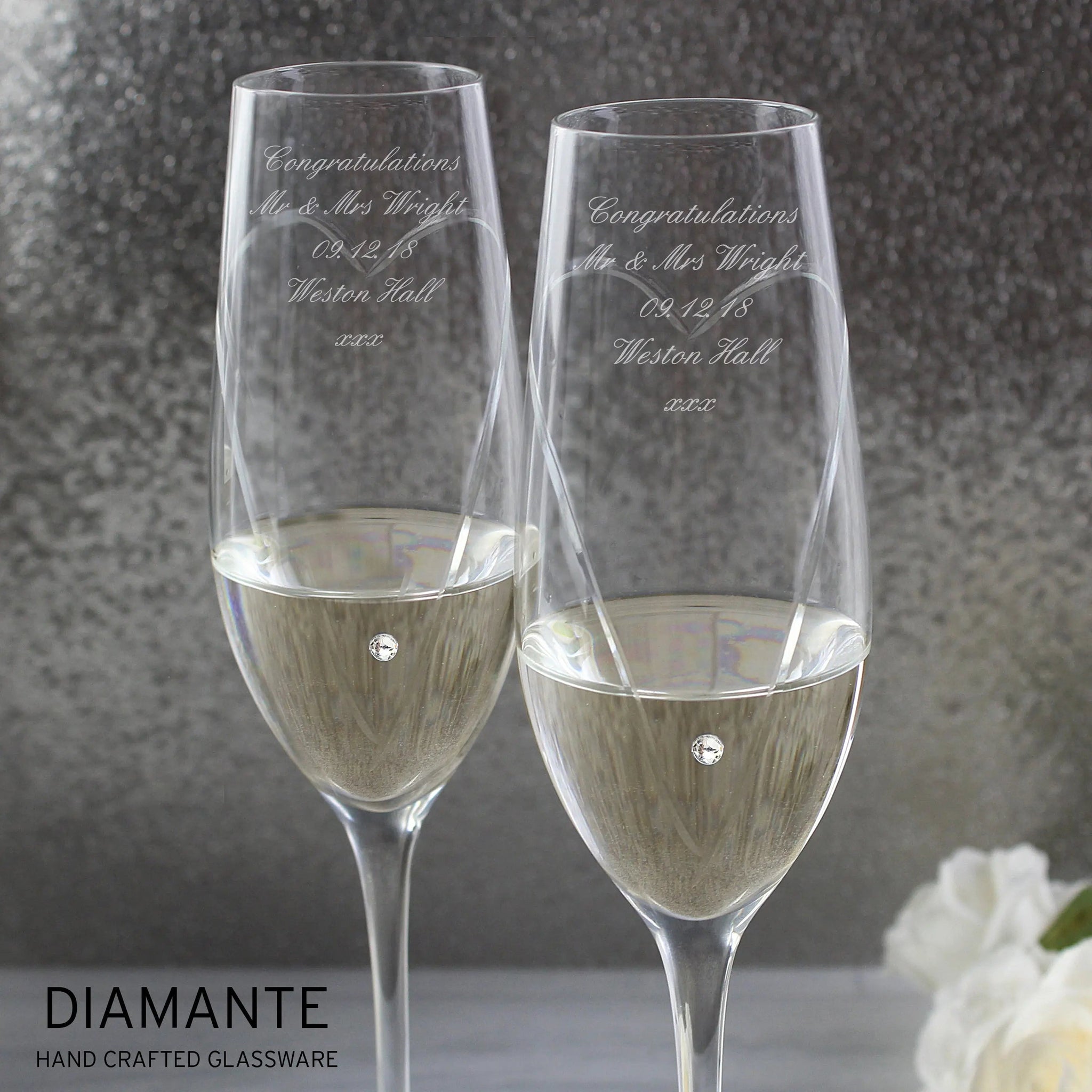 Personalised Hand Cut Heart Pair of Flutes with Gift Box: 3 - Champagne Flutes By Gift Moments