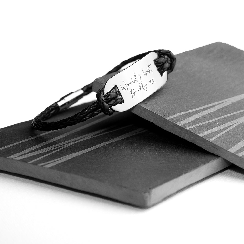 Personalised Handwriting Mens Black Leather Bracelet: 5 - Bracelets By Gift Moments