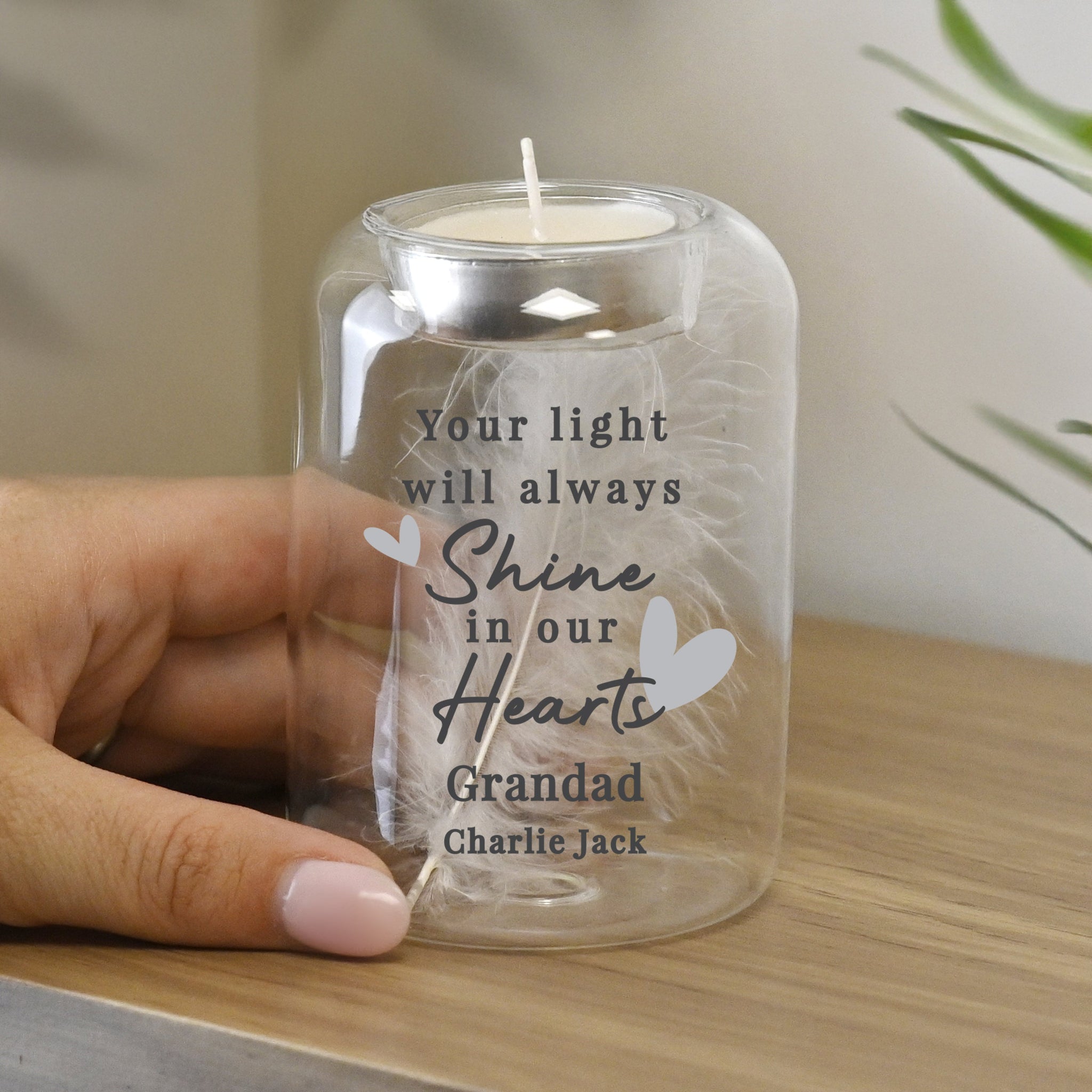 Personalised In Our Hearts Memorial Feather Tealight Holder: 1 - Candle Holders By Gift Moments