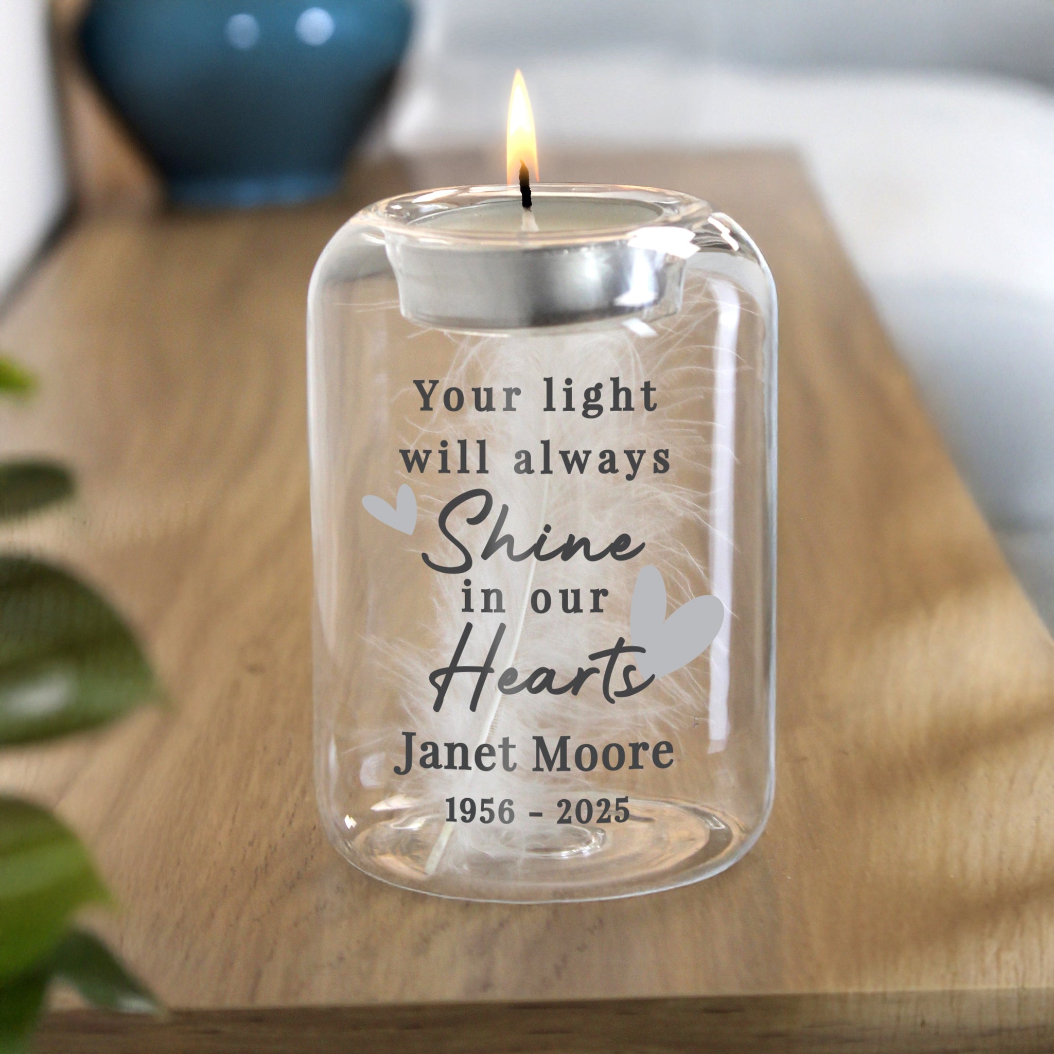 Personalised In Our Hearts Memorial Feather Tealight Holder: 2 - Candle Holders By Gift Moments