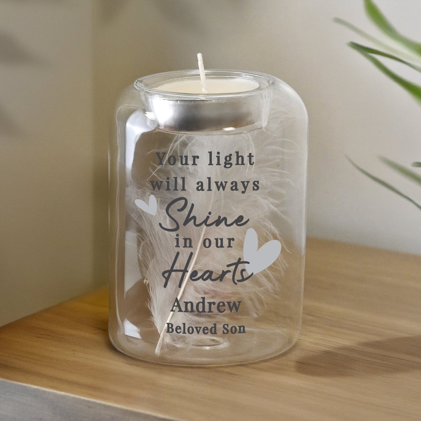 Personalised In Our Hearts Memorial Feather Tealight Holder: 3 - Candle Holders By Gift Moments