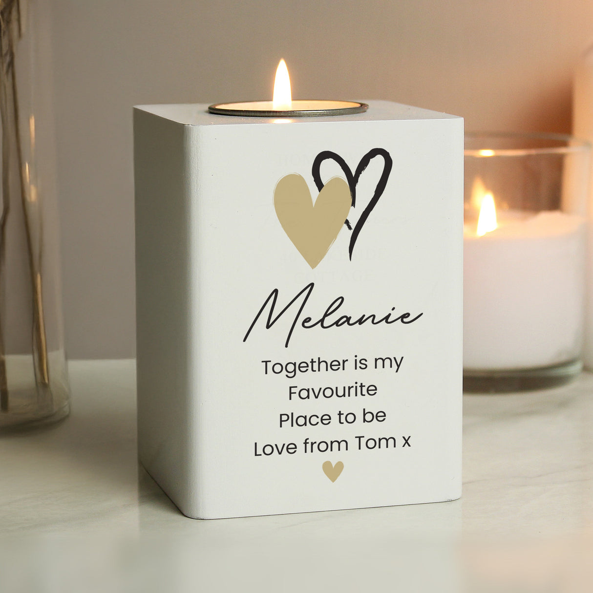 Personalised Hearts Wooden Tealight Holder: 2 - Candle Holders By Gift Moments