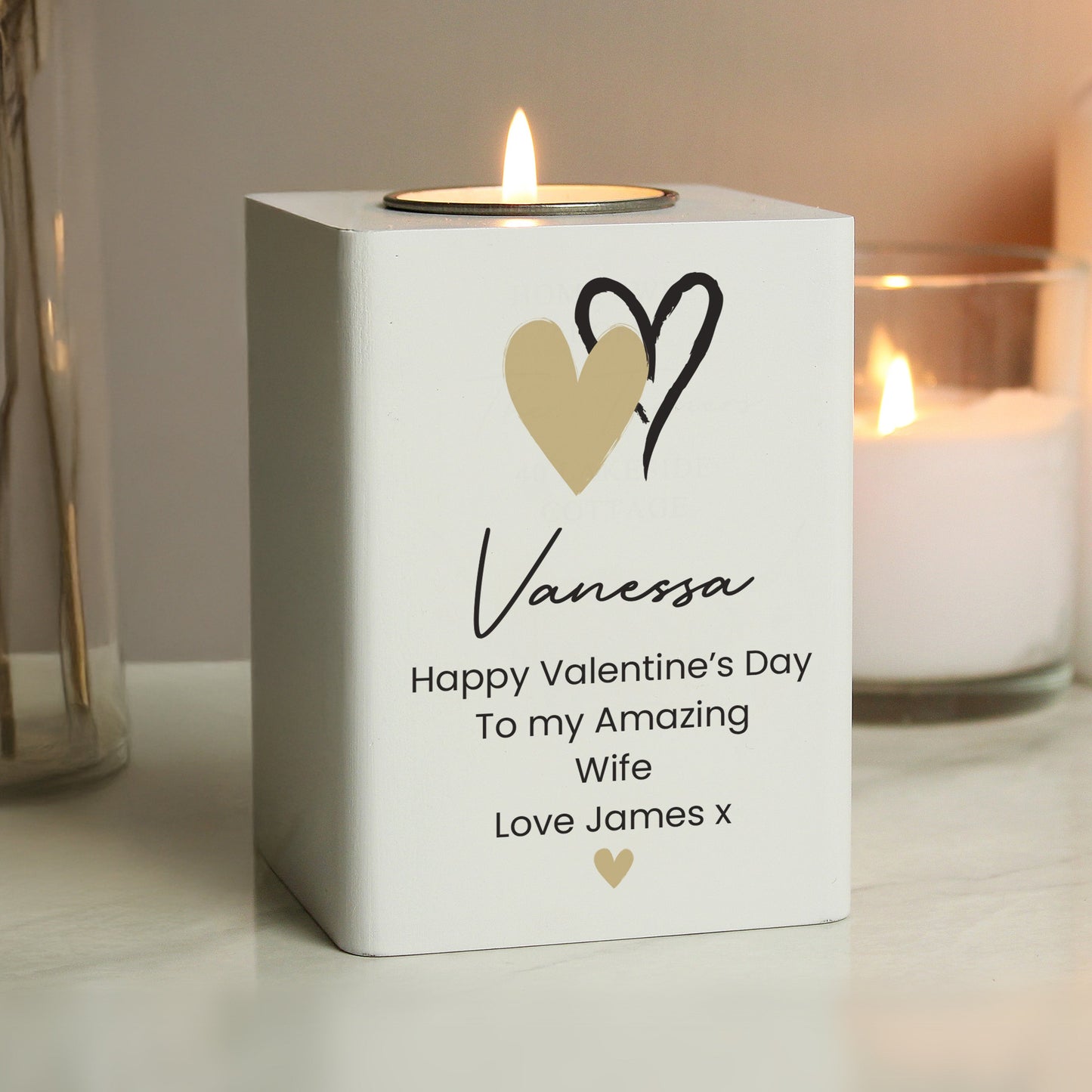 Personalised Hearts Wooden Tealight Holder: 1 - Candle Holders By Gift Moments