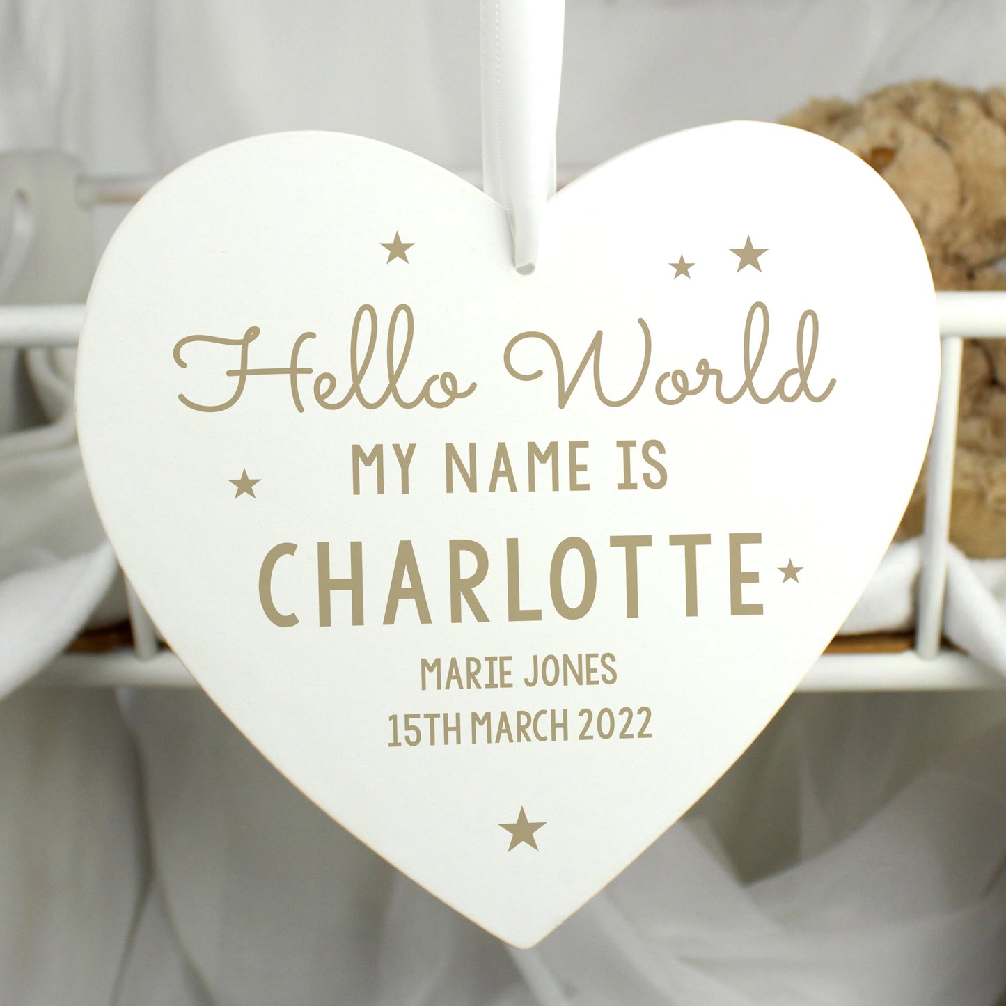 Personalised Hello World Large Wooden Heart Decoration: 4 - Decorations By Gift Moments