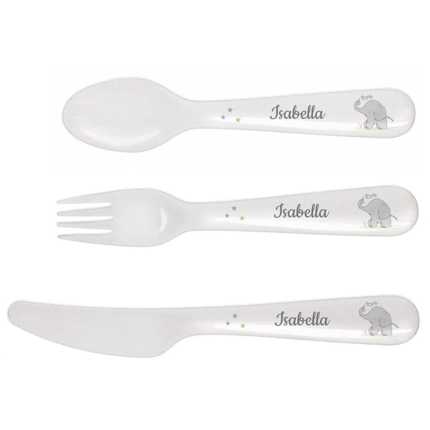 Personalised Hessian Elephant 3 Piece Plastic Cutlery Set: 3 - Cutlery Sets By Gift Moments