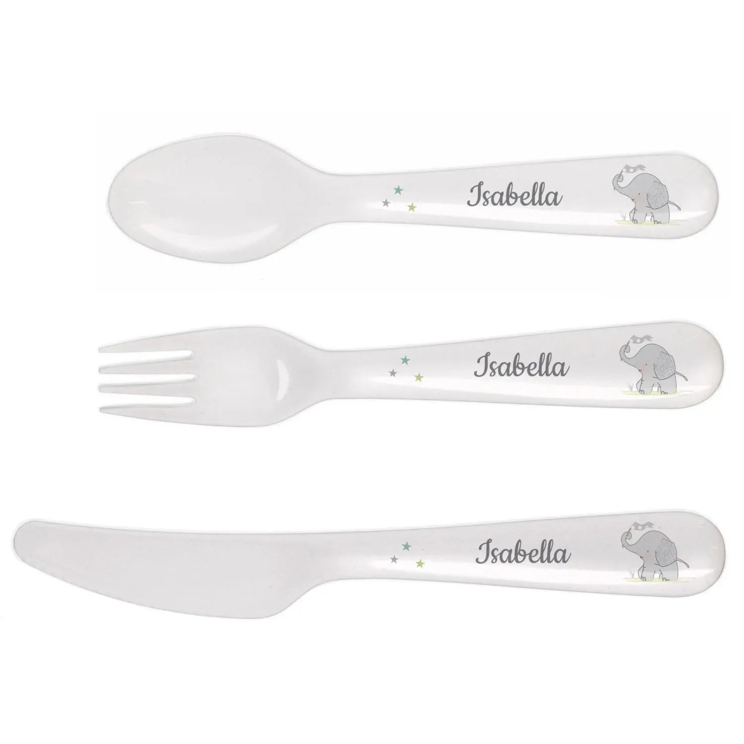 Personalised Hessian Elephant 3 Piece Plastic Cutlery Set: 3 - Cutlery Sets By Gift Moments
