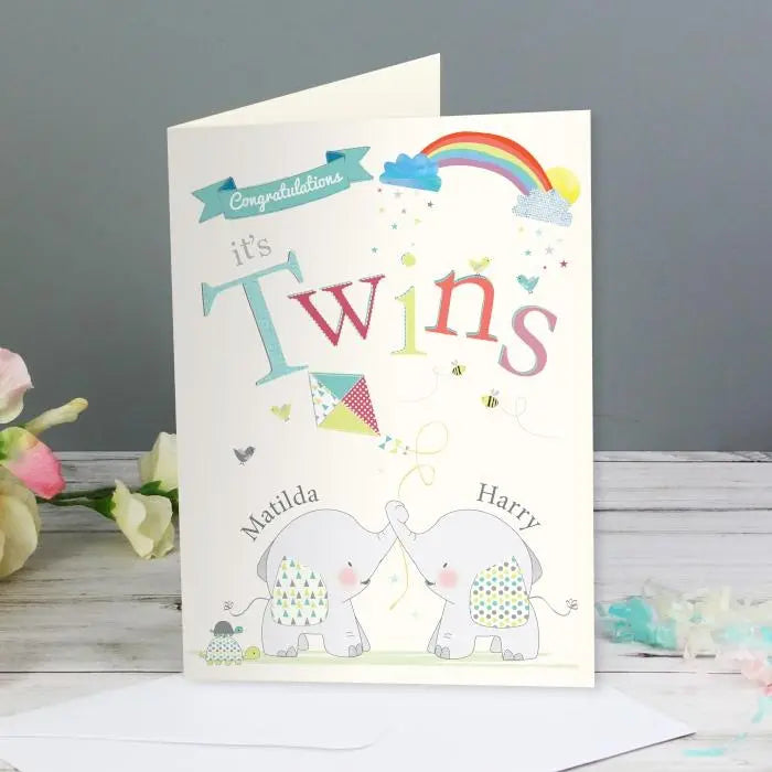 Personalised Hessian Elephant Twins Card: 1 - Greeting Cards By Gift Moments