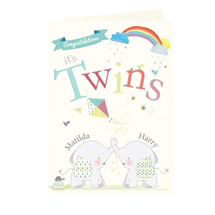 Personalised Hessian Elephant Twins Card: 3 - Greeting Cards By Gift Moments