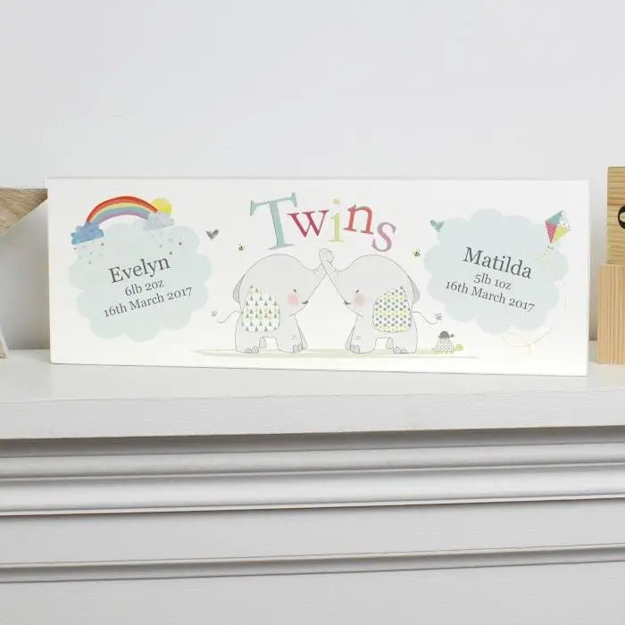 Personalised Hessian Elephant Twins Wooden Block Sign: 1 - Signs & Plaques By Gift Moments