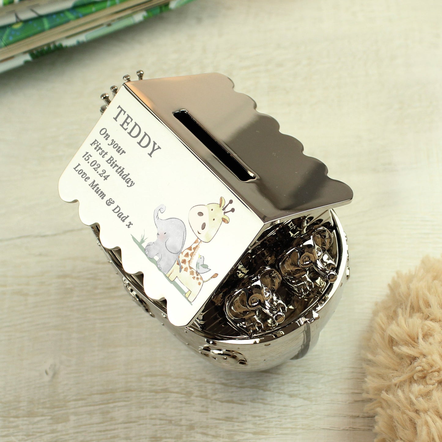 Personalised Hessian Friends Noahs Ark Money Box: 4 - Money Boxes By Gift Moments