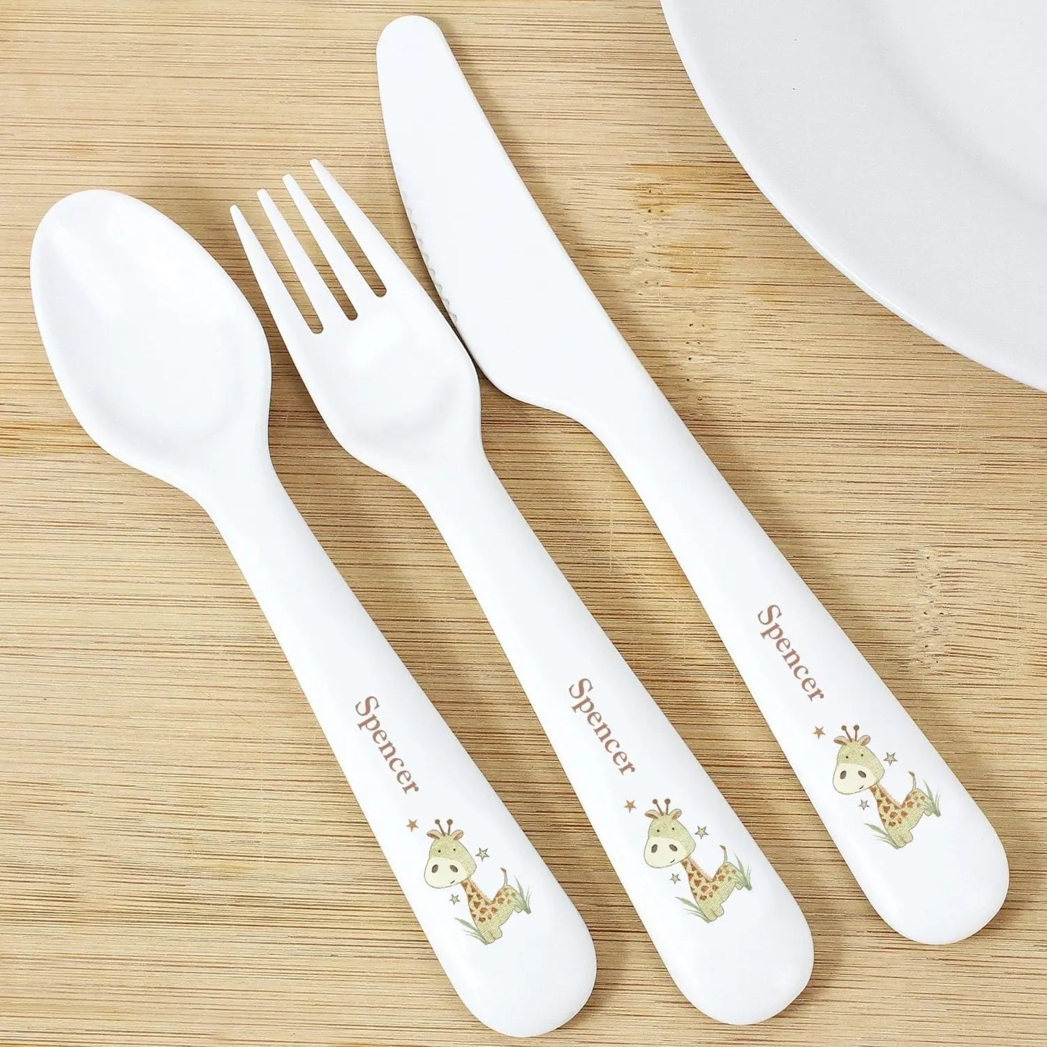 Personalised Hessian Giraffe 3 Piece Plastic Cutlery Set: 2 - Cutlery Sets By Gift Moments