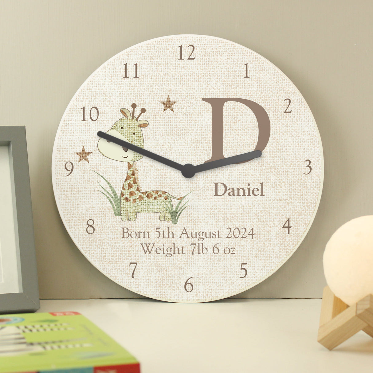 Personalised Hessian Giraffe Nursey Wooden Clock: 1 - Clocks By Gift Moments