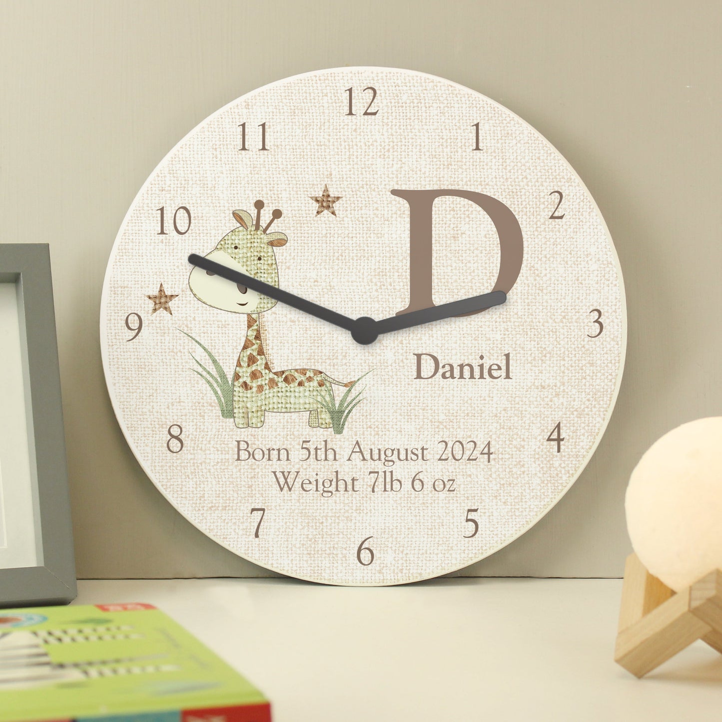 Personalised Hessian Giraffe Nursey Wooden Clock: 1 - Clocks By Gift Moments