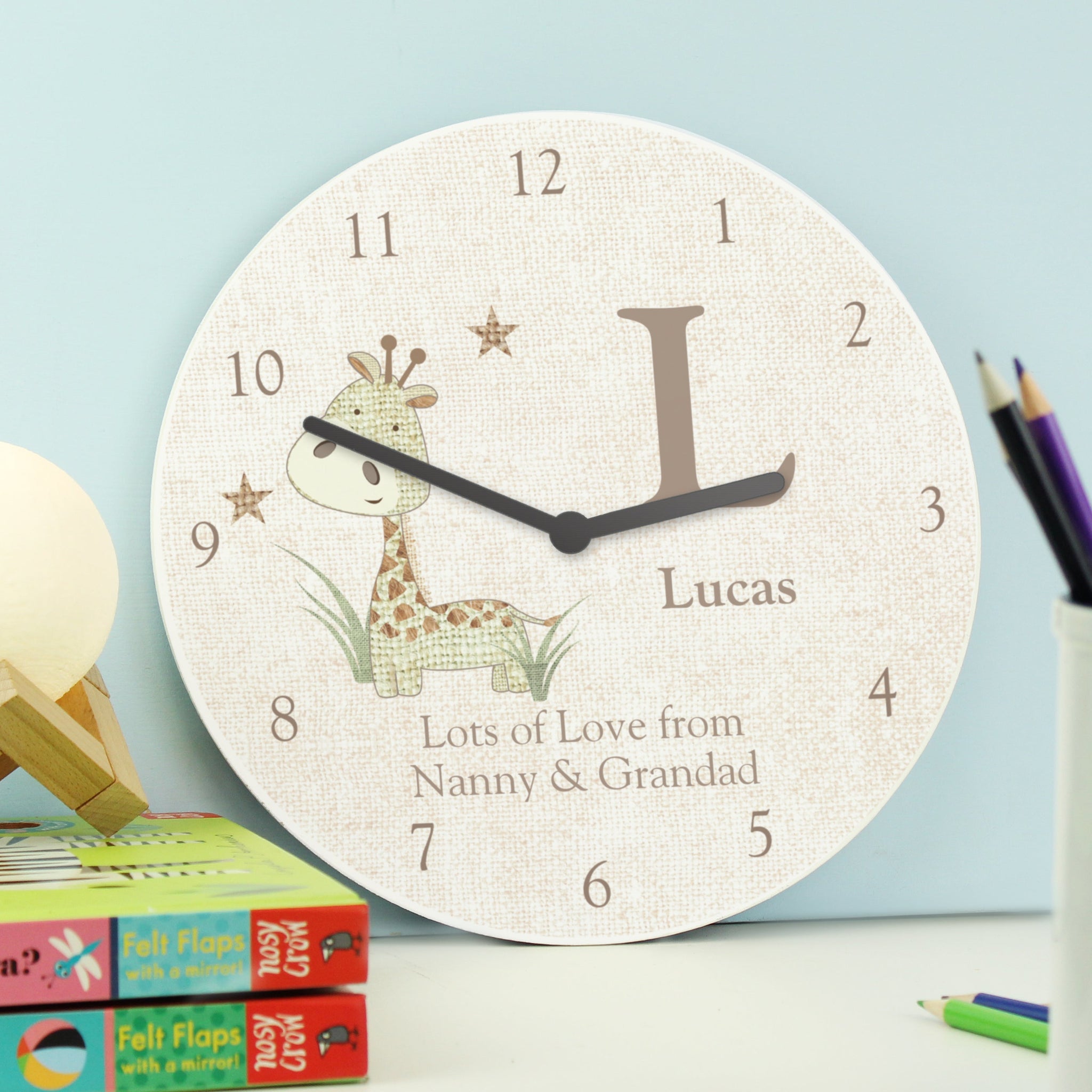 Personalised Hessian Giraffe Nursey Wooden Clock: 2 - Clocks By Gift Moments