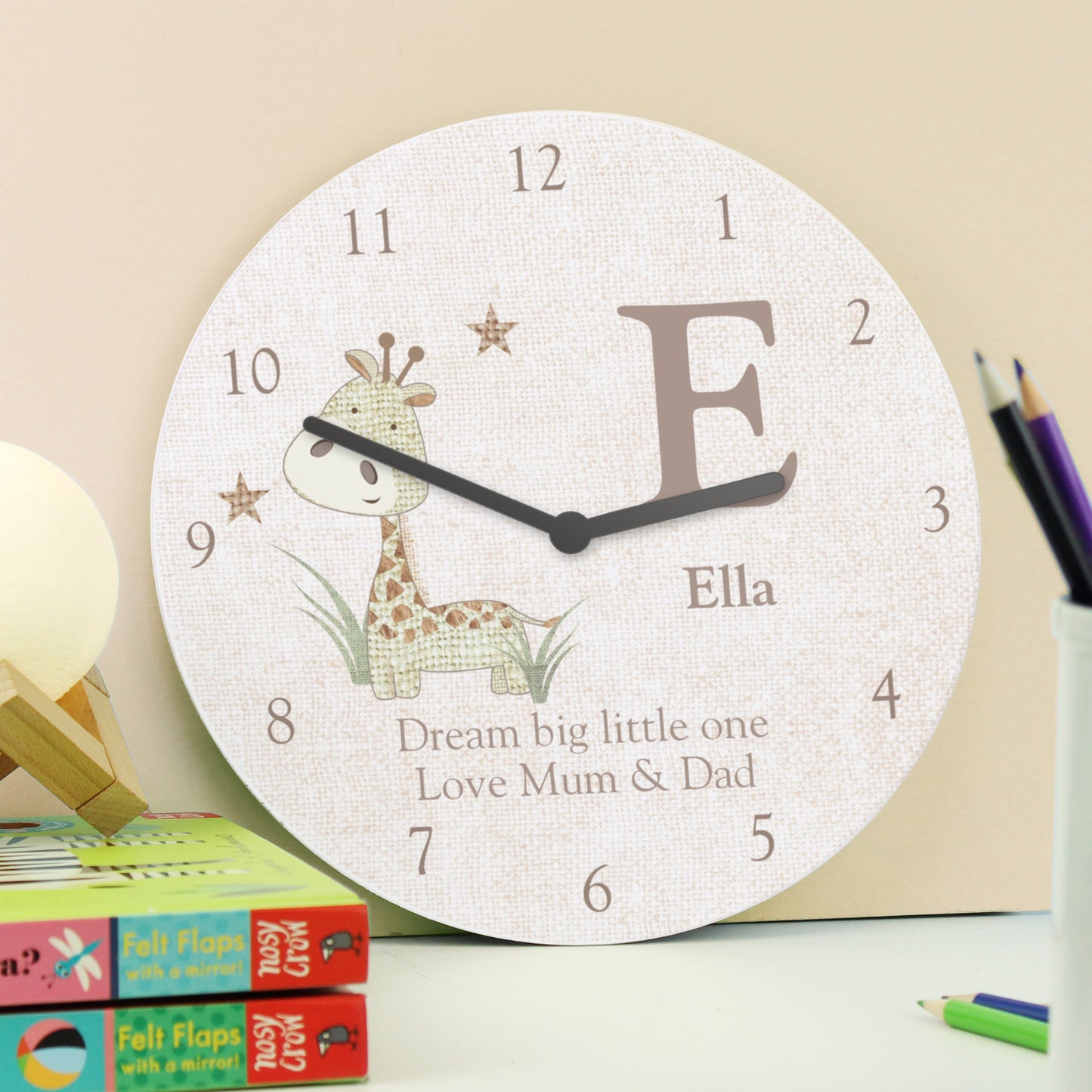 Personalised Hessian Giraffe Nursey Wooden Clock: 3 - Clocks By Gift Moments