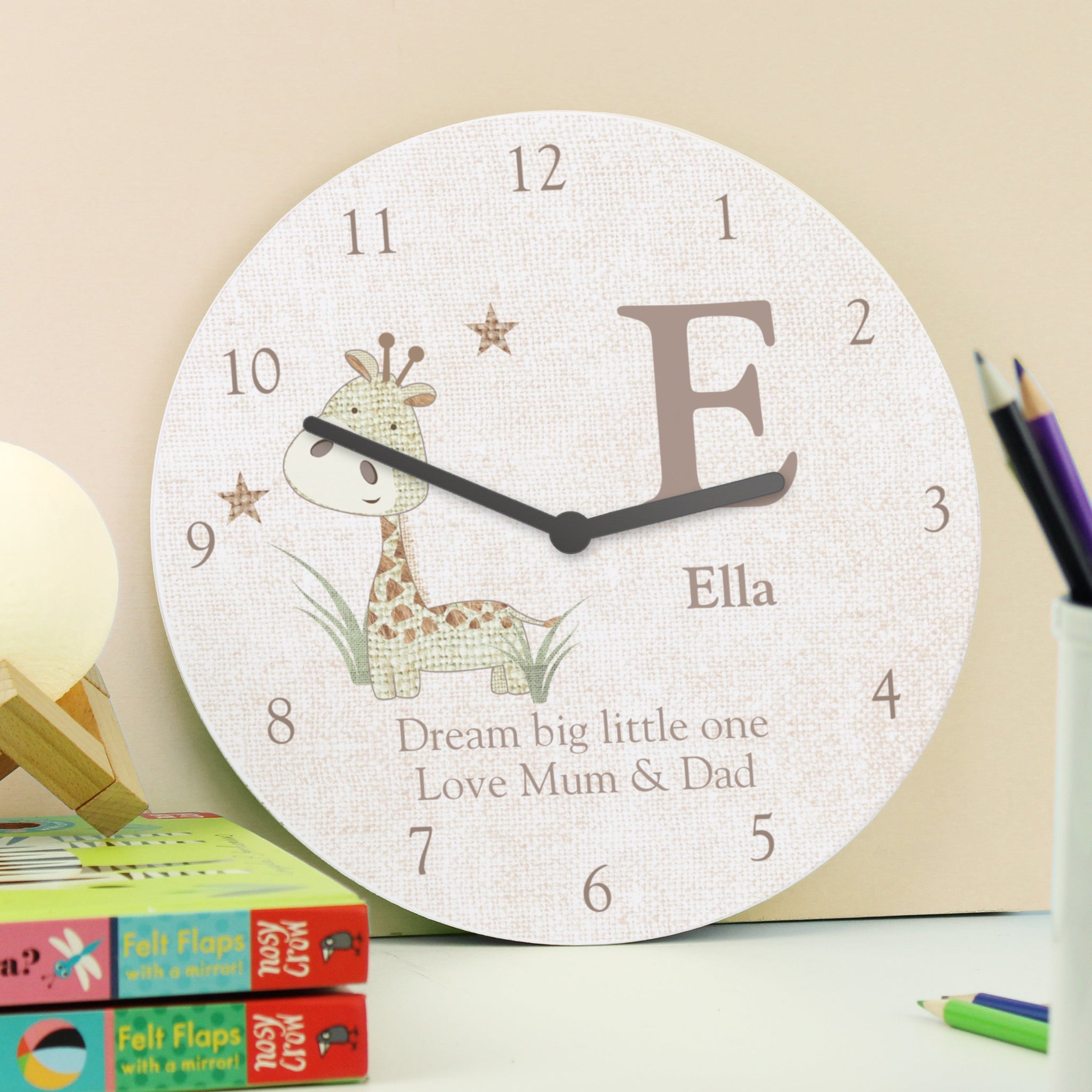 Personalised Hessian Giraffe Nursey Wooden Clock: 3 - Clocks By Gift Moments