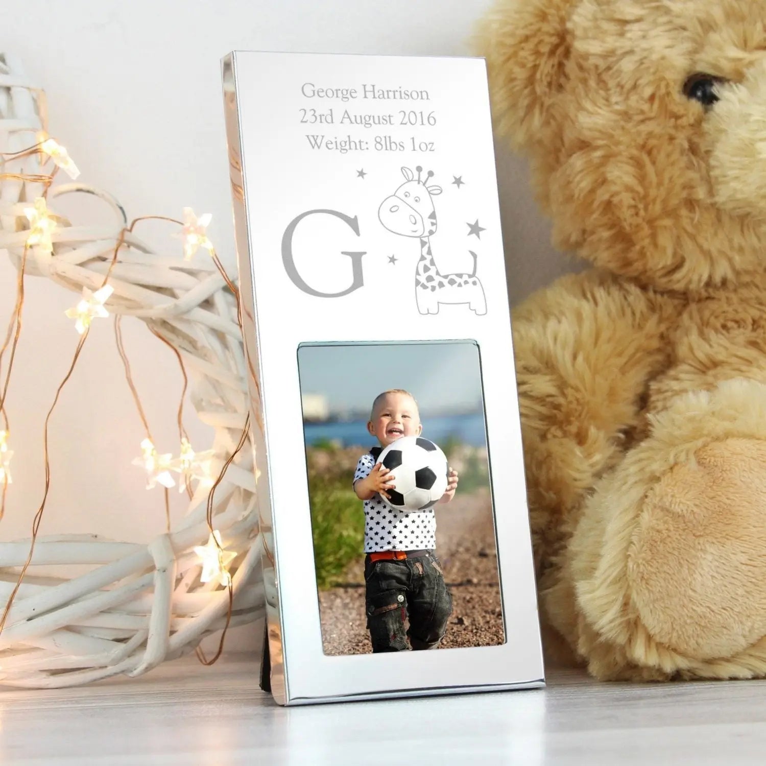 Personalised Hessian Giraffe Small 2x3 Silver Photo Frame: 2 - Photo Frames By Gift Moments