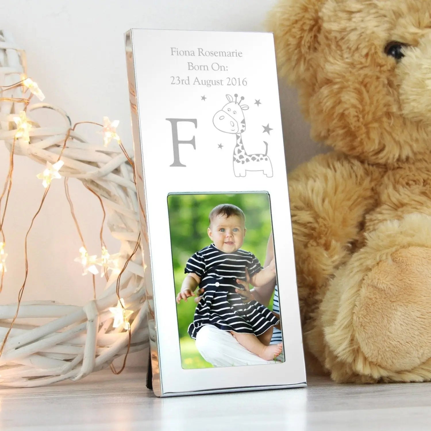 Personalised Hessian Giraffe Small 2x3 Silver Photo Frame: 1 - Photo Frames By Gift Moments