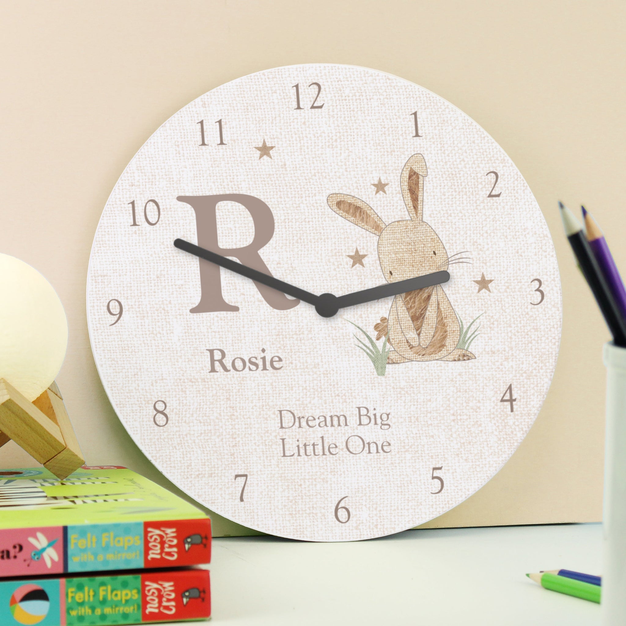 Personalised Hessian Rabbit Shabby Chic Large Wooden Clock: 2 - Clocks By Gift Moments