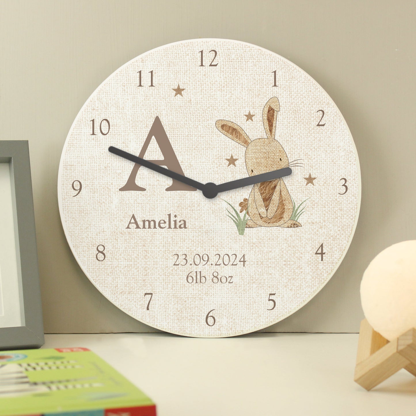 Personalised Hessian Rabbit Shabby Chic Large Wooden Clock: 1 - Clocks By Gift Moments