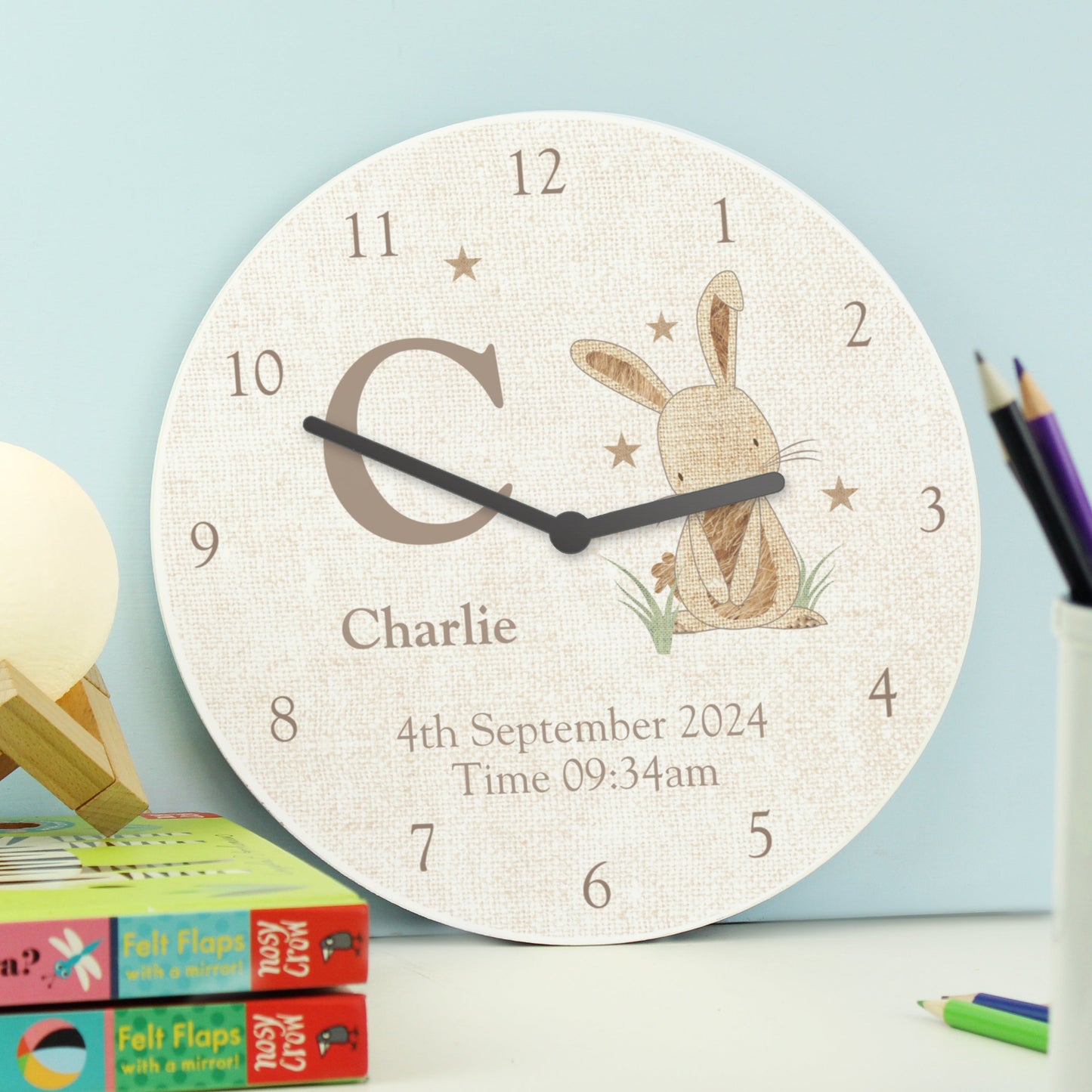 Personalised Hessian Rabbit Shabby Chic Large Wooden Clock: 3 - Clocks By Gift Moments