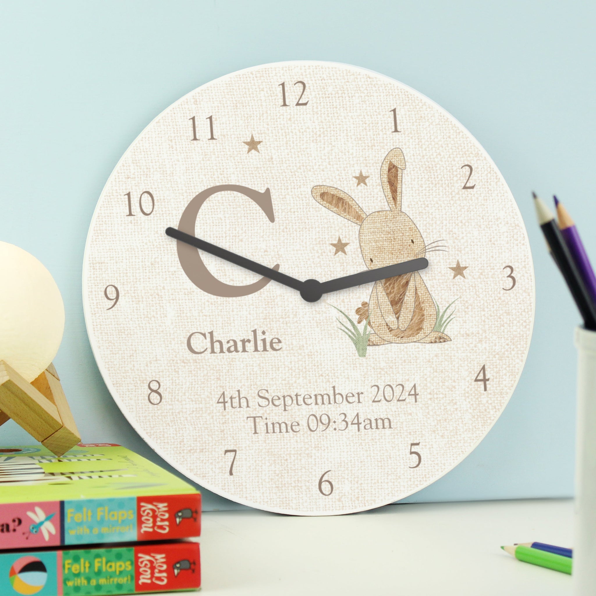 Personalised Hessian Rabbit Shabby Chic Large Wooden Clock: 3 - Clocks By Gift Moments