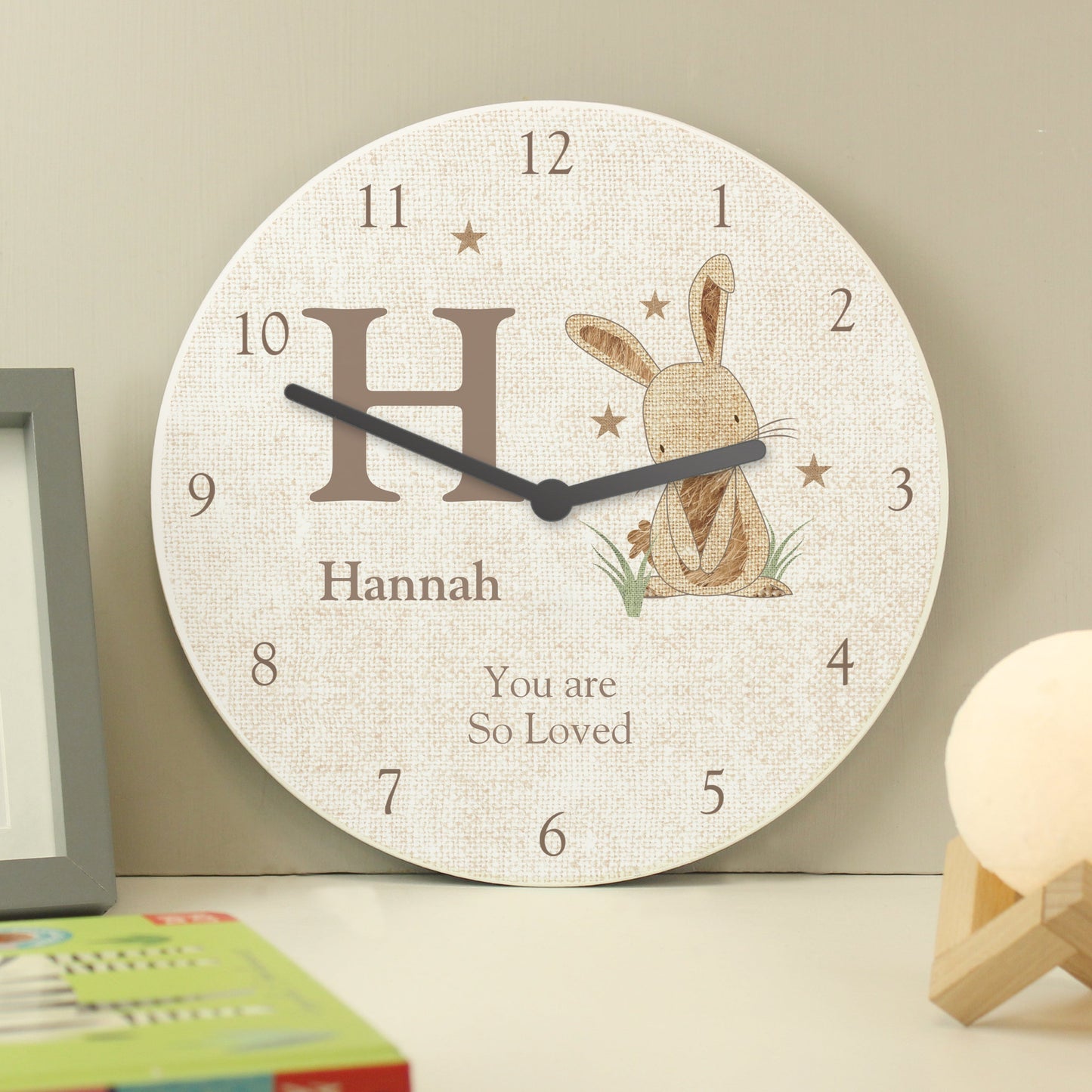 Personalised Hessian Rabbit Shabby Chic Large Wooden Clock: 4 - Clocks By Gift Moments