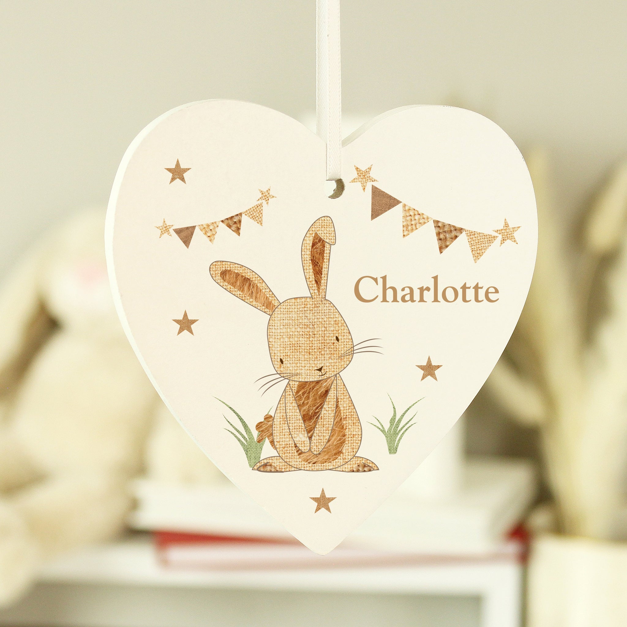 Personalised Hessian Rabbit Wooden Heart Decoration: 1 - Decorations By Gift Moments