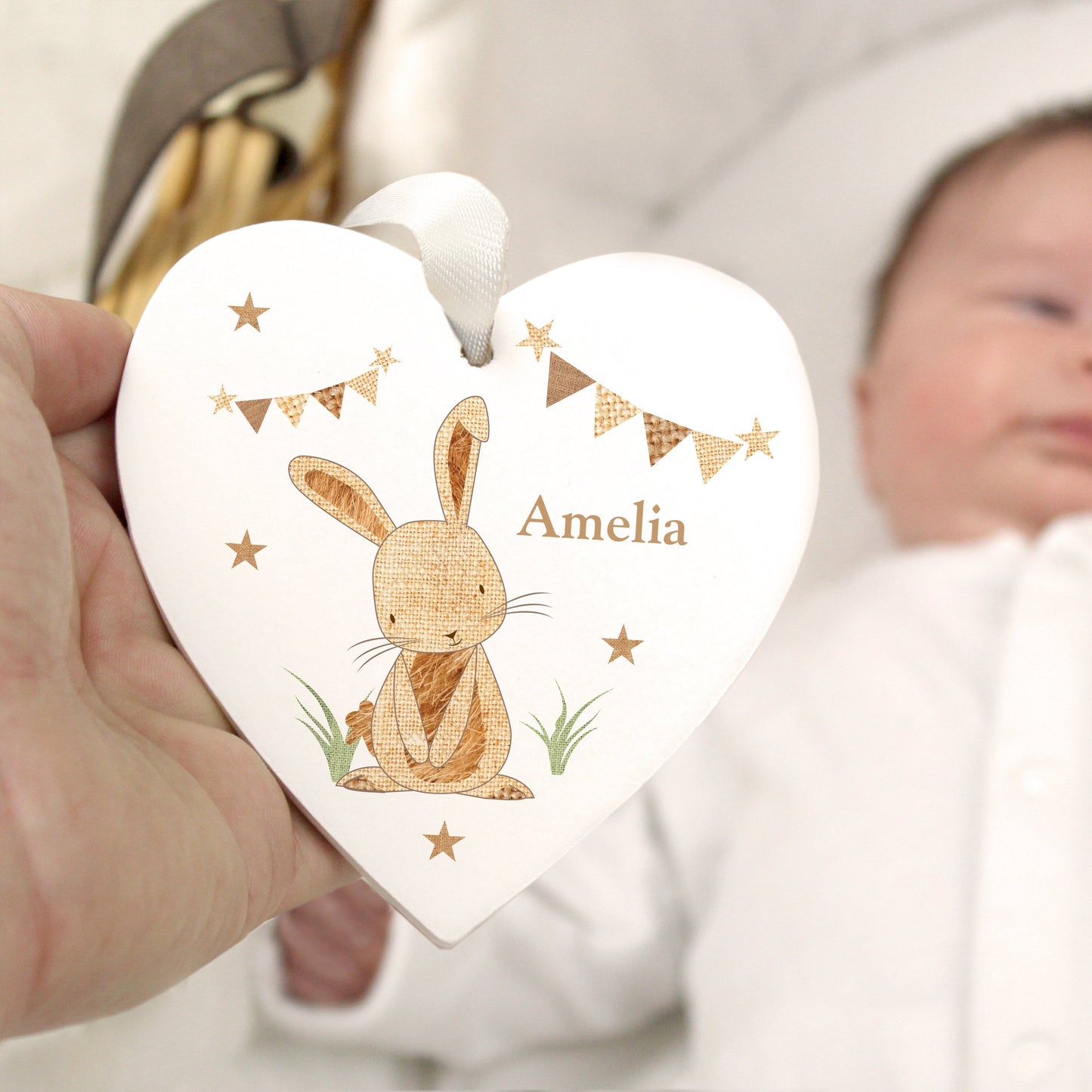Personalised Hessian Rabbit Wooden Heart Decoration: 2 - Decorations By Gift Moments