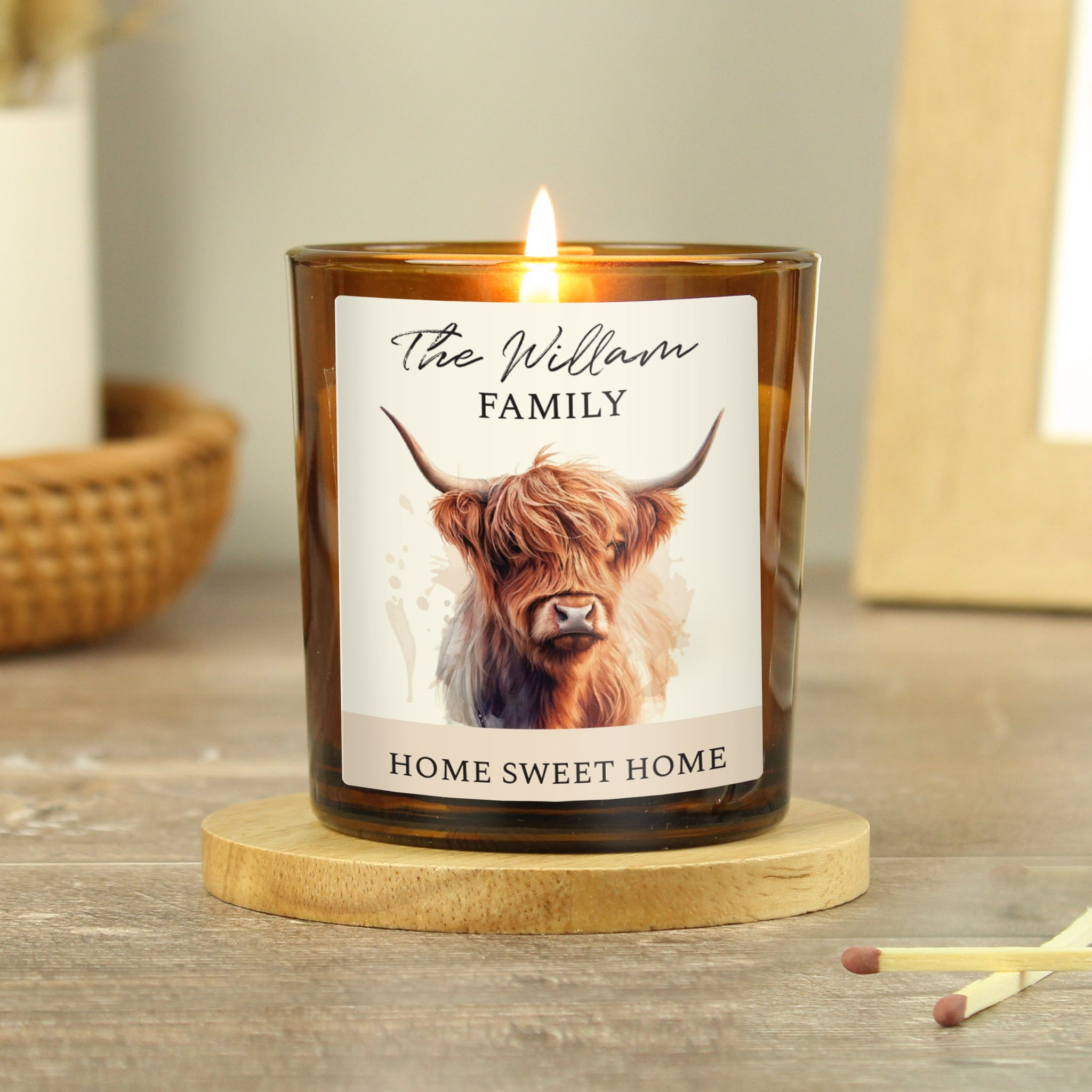 Personalised Highland Cow Amber Glass Candle: 1 - Candles By Gift Moments