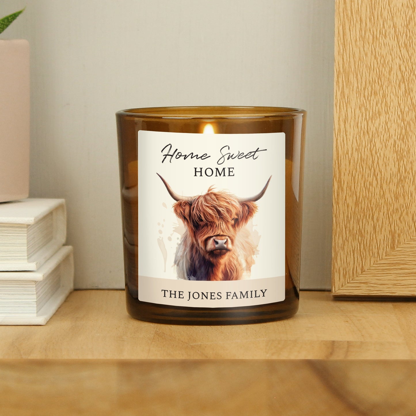 Personalised Highland Cow Amber Glass Candle: 2 - Candles By Gift Moments