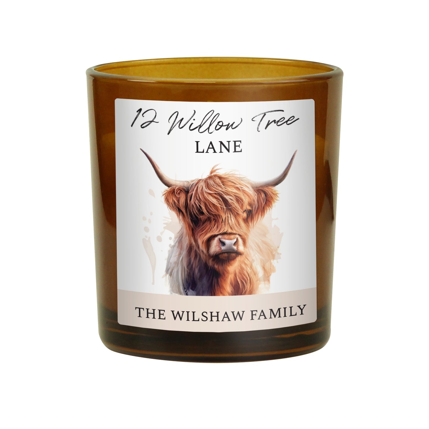 Personalised Highland Cow Amber Glass Candle: 5 - Candles By Gift Moments