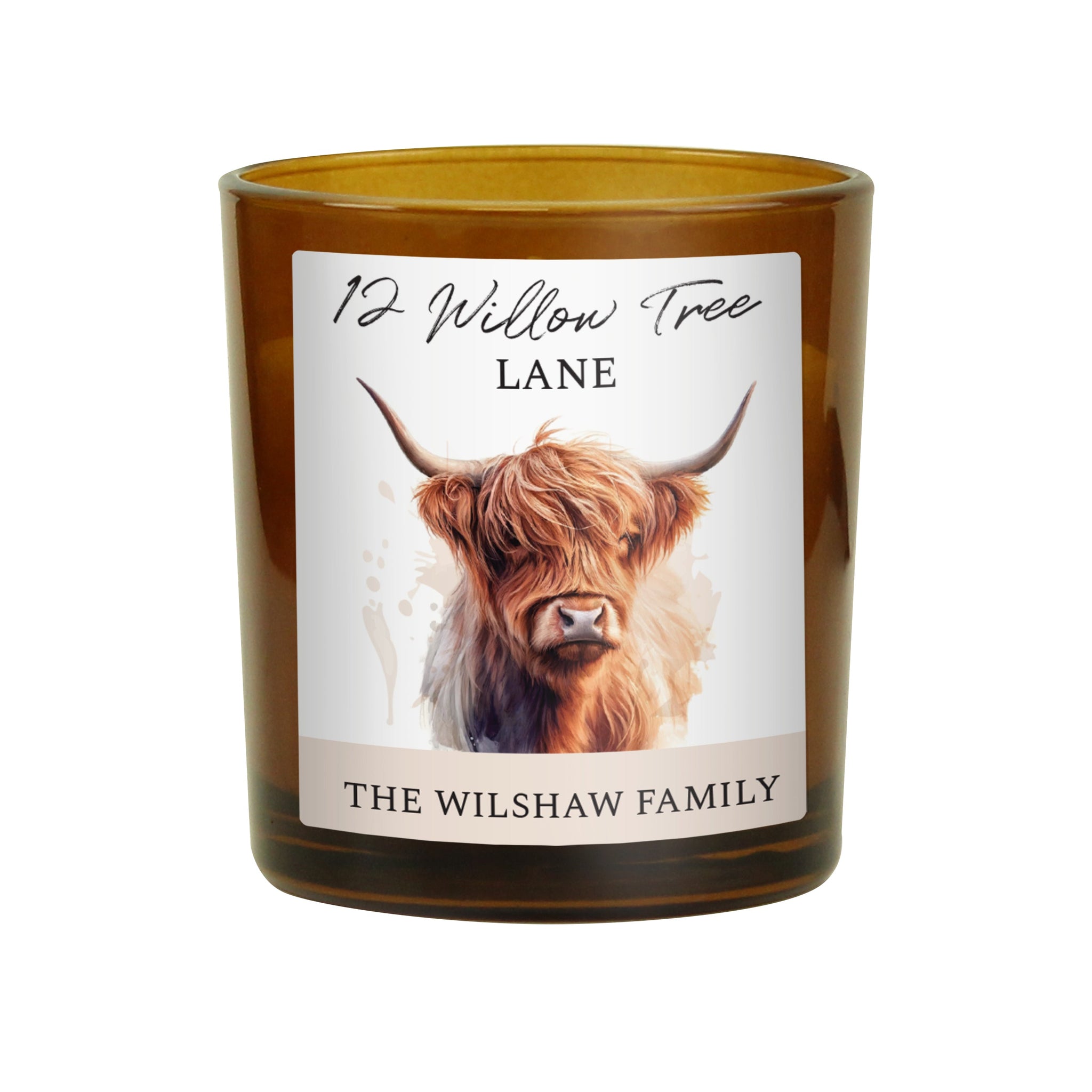 Personalised Highland Cow Amber Glass Candle: 5 - Candles By Gift Moments