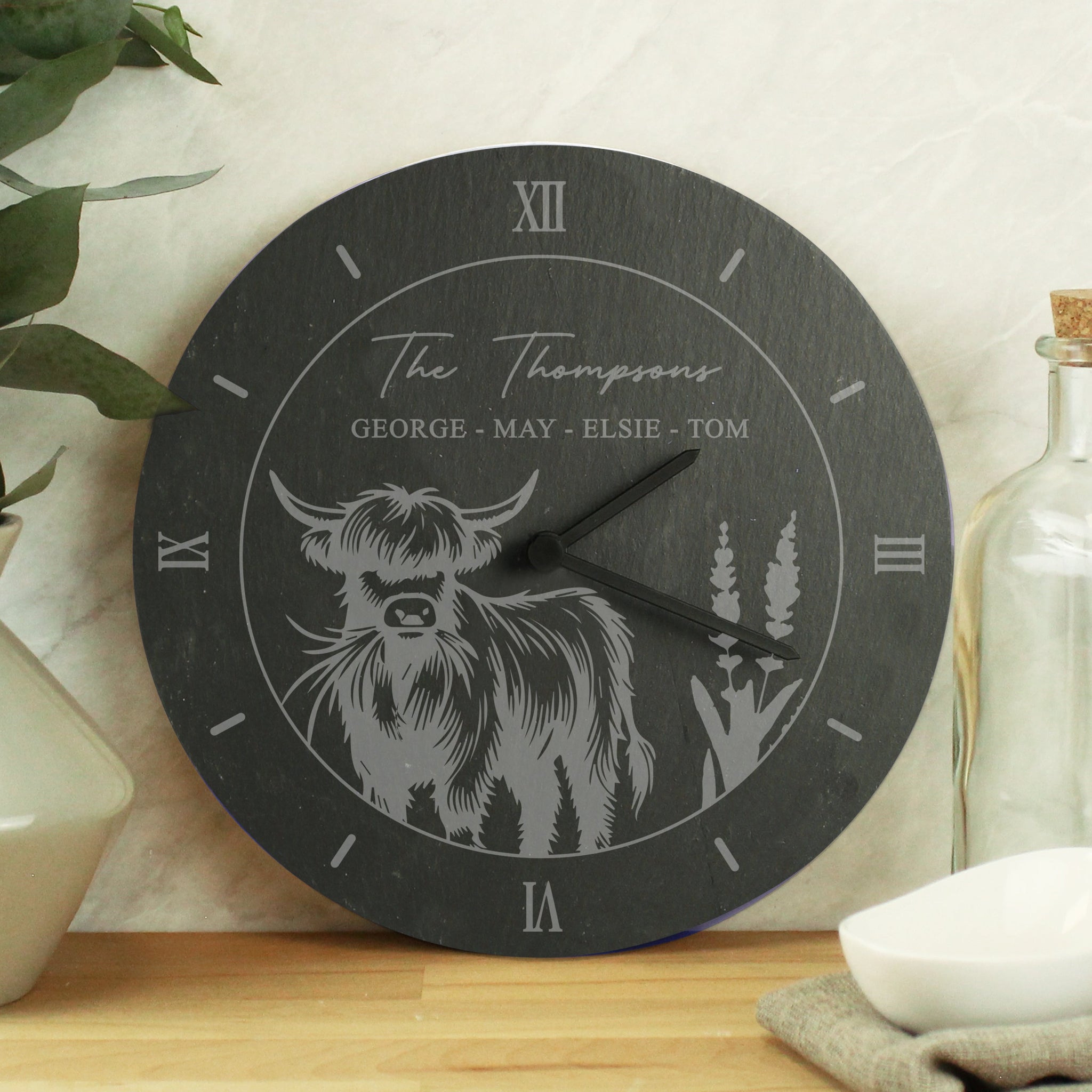 Personalised Highland Cow Slate Clock: 1 - Clocks By Gift Moments