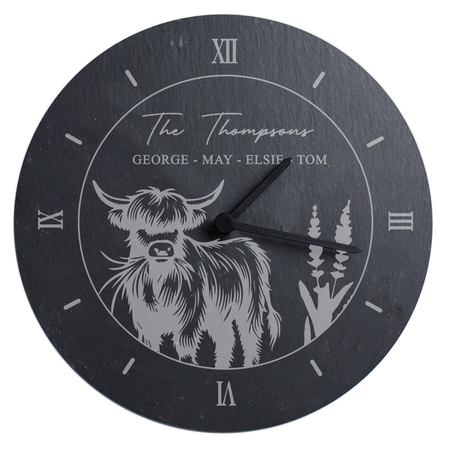 Personalised Highland Cow Slate Clock: 5 - Clocks By Gift Moments