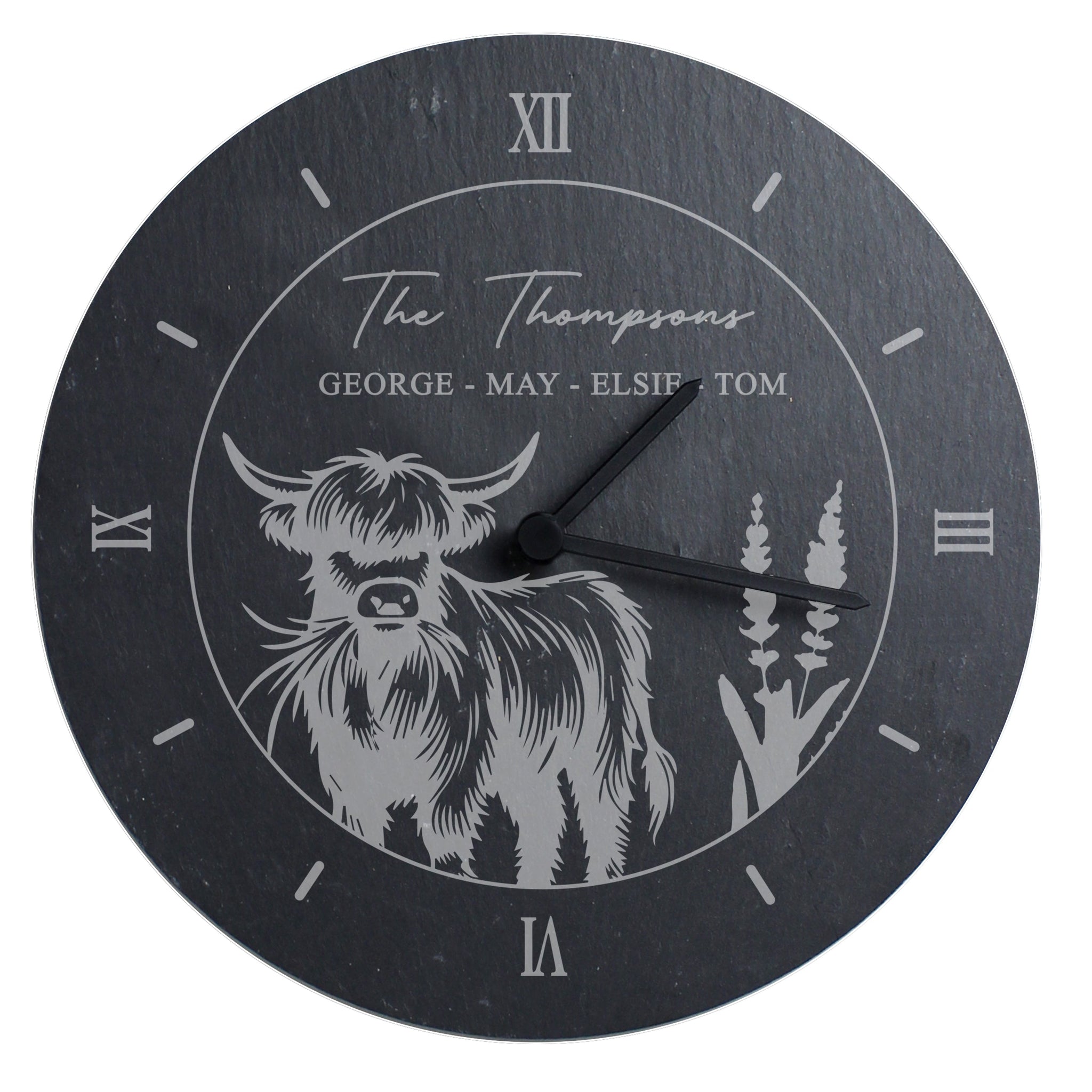 Personalised Highland Cow Slate Clock: 5 - Clocks By Gift Moments