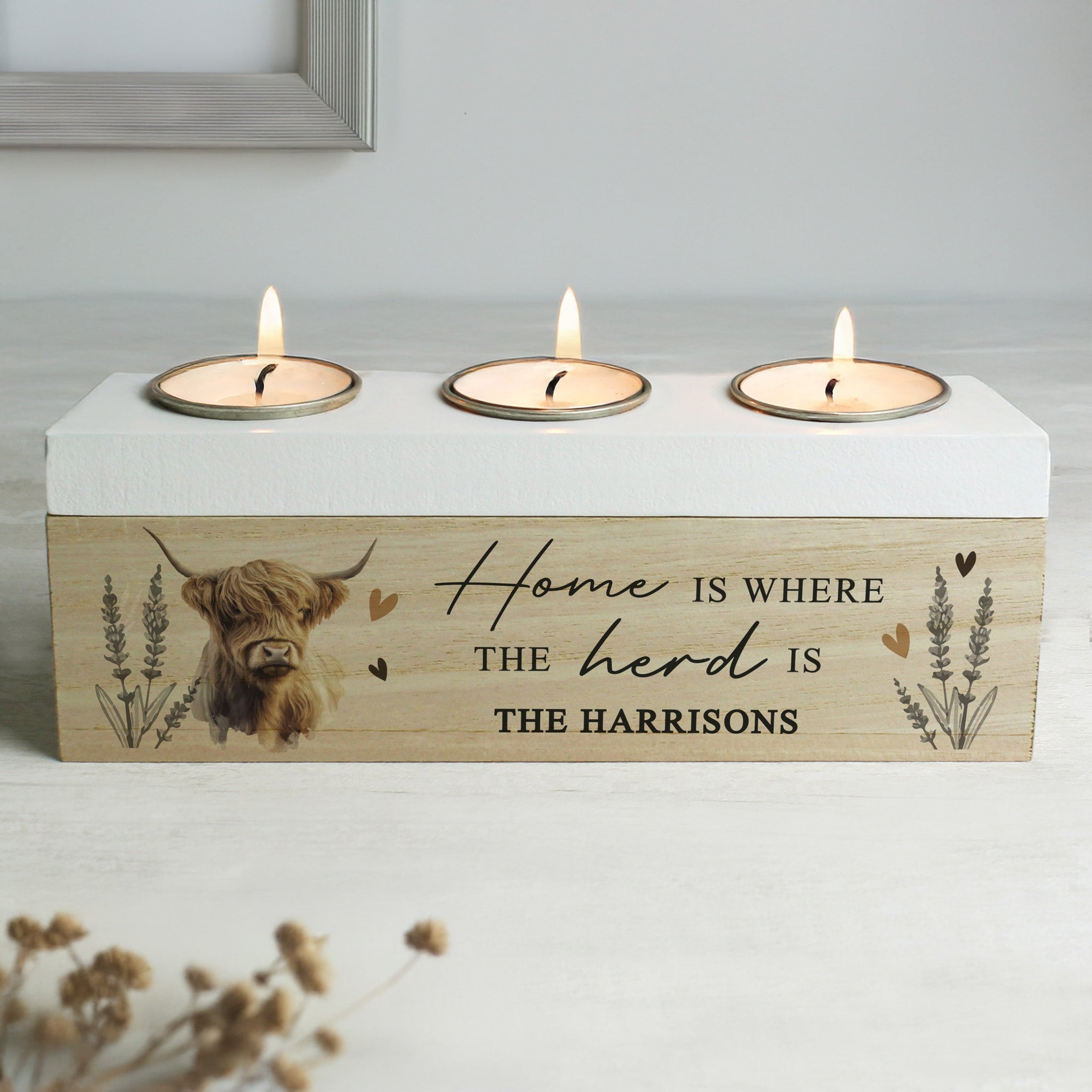Personalised Highland Cow Triple Tea Light Box: 1 - Candle Holders By Gift Moments