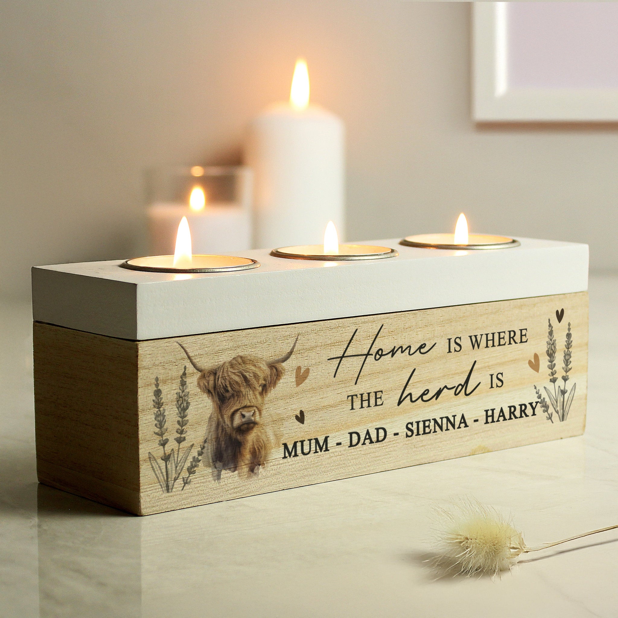 Personalised Highland Cow Triple Tea Light Box: 2 - Candle Holders By Gift Moments