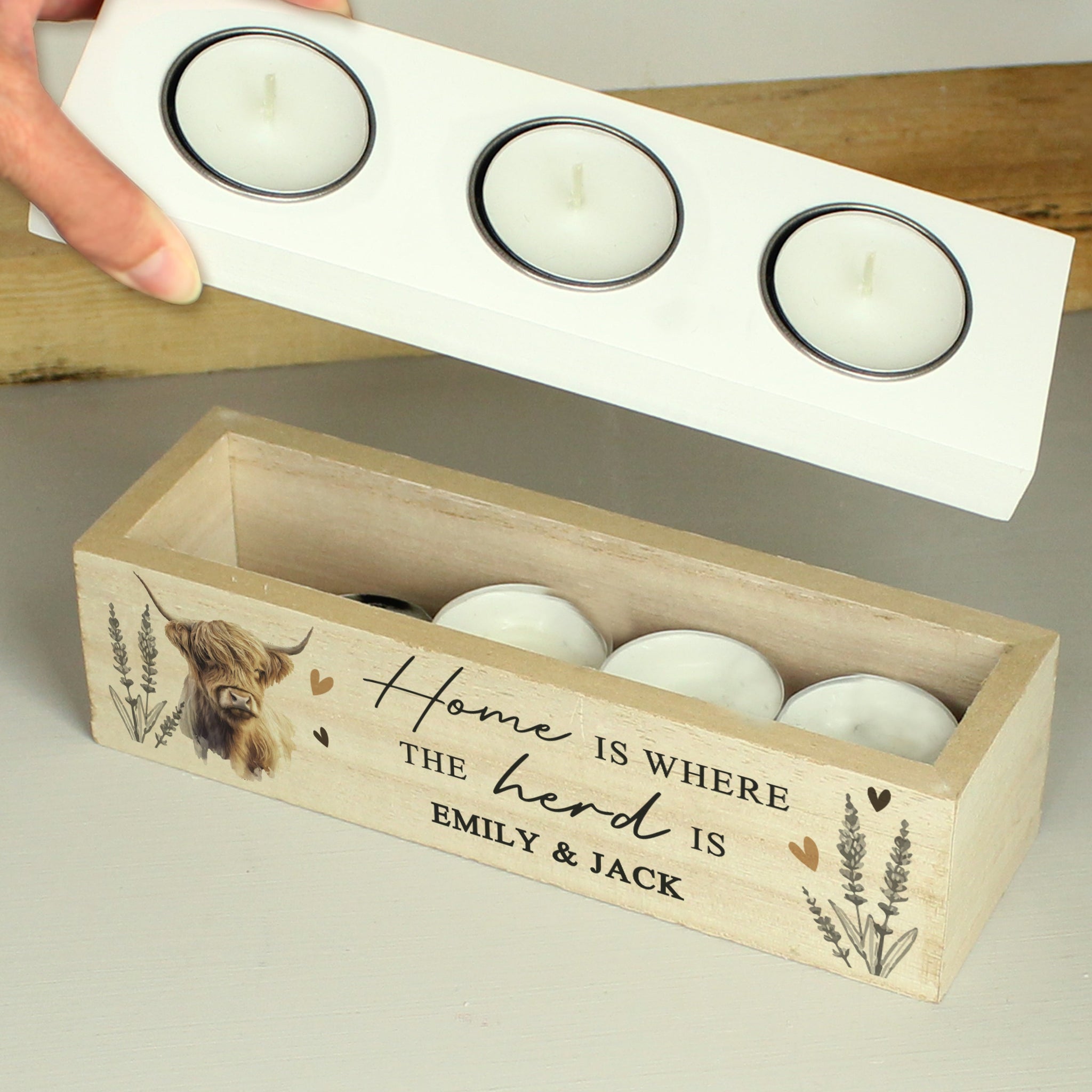 Personalised Highland Cow Triple Tea Light Box: 3 - Candle Holders By Gift Moments