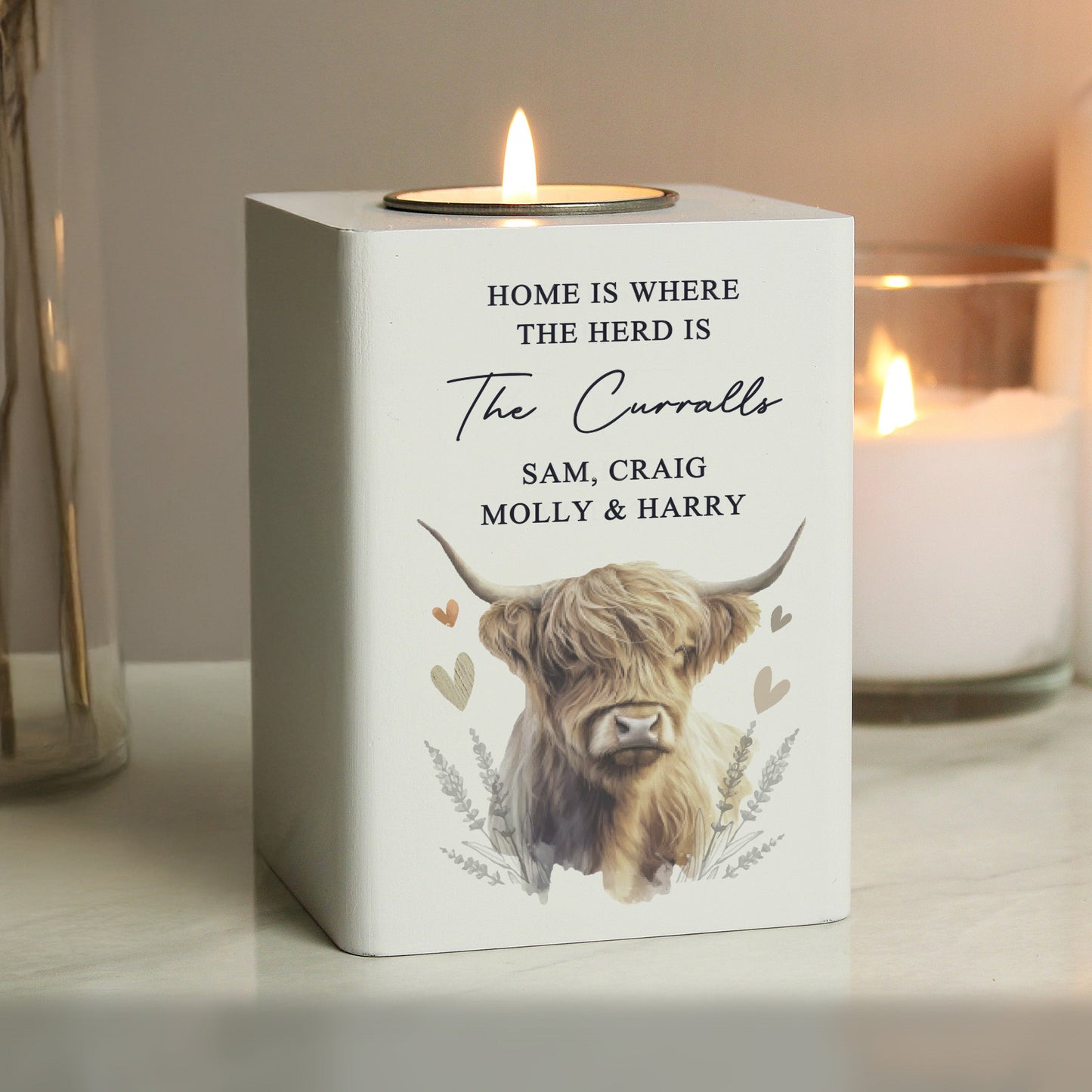Personalised Highland Cow Wooden Tealight Holder: 2 - Candle Holders By Gift Moments