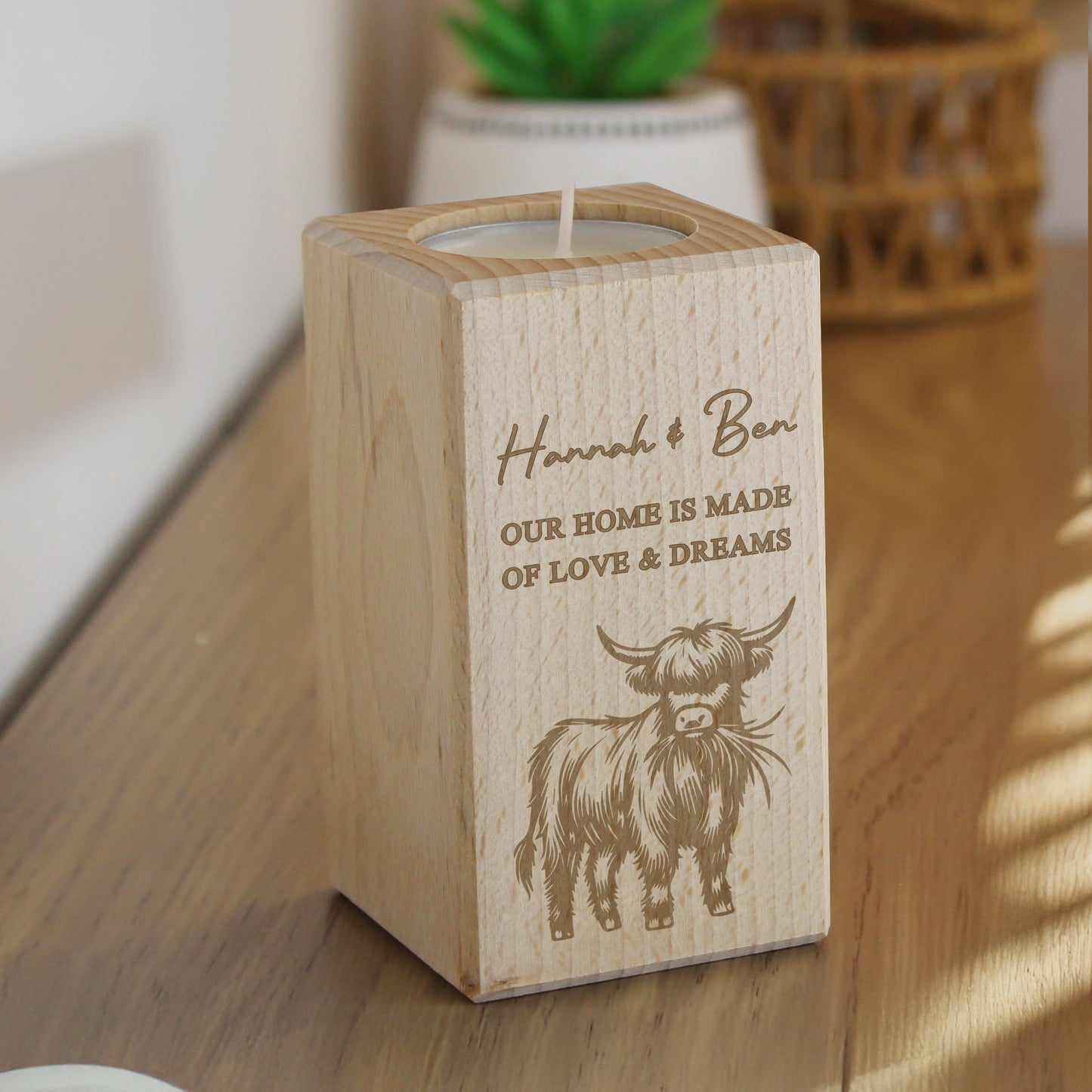 Personalised Highland Cow Wooden Tealight Holder: 1 - Candle Holders By Gift Moments