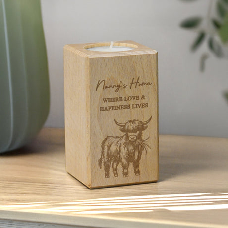 Personalised Highland Cow Wooden Tealight Holder: 3 - Candle Holders By Gift Moments