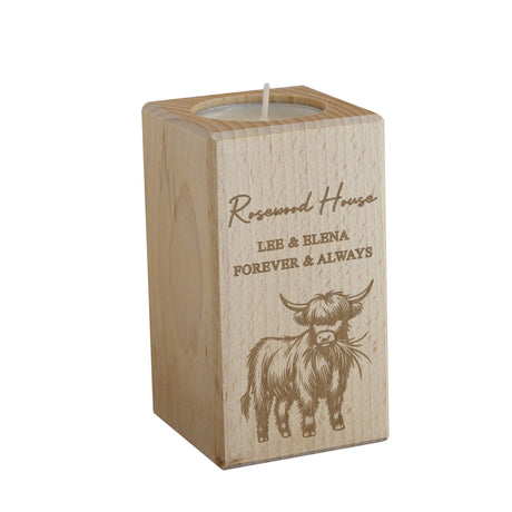 Personalised Highland Cow Wooden Tealight Holder: 4 - Candle Holders By Gift Moments
