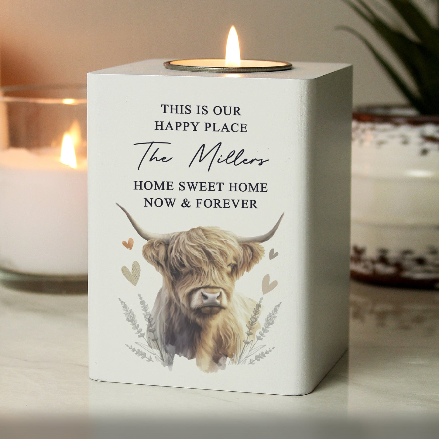 Personalised Highland Cow Wooden Tealight Holder: 1 - Candle Holders By Gift Moments
