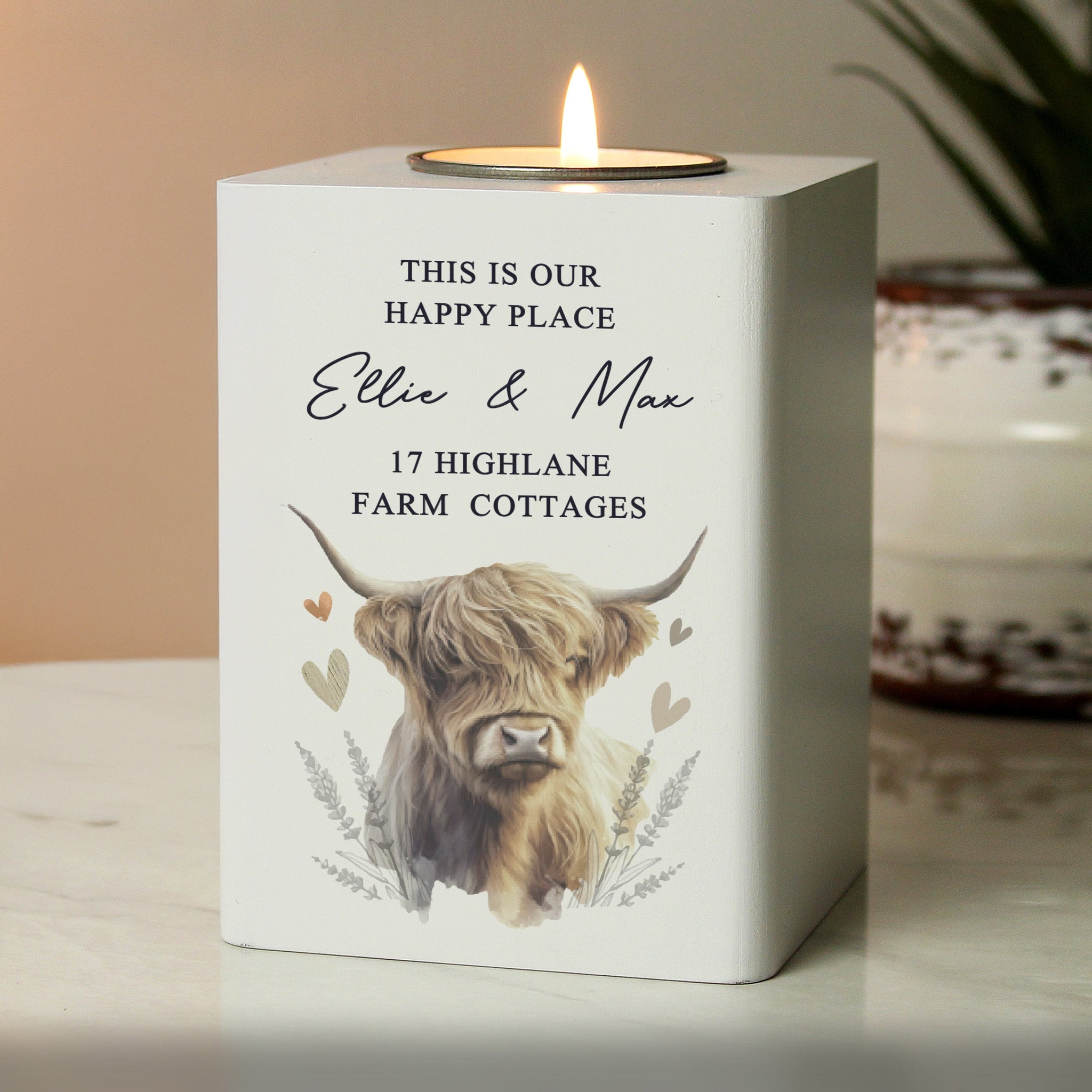 Personalised Highland Cow Wooden Tealight Holder: 4 - Candle Holders By Gift Moments