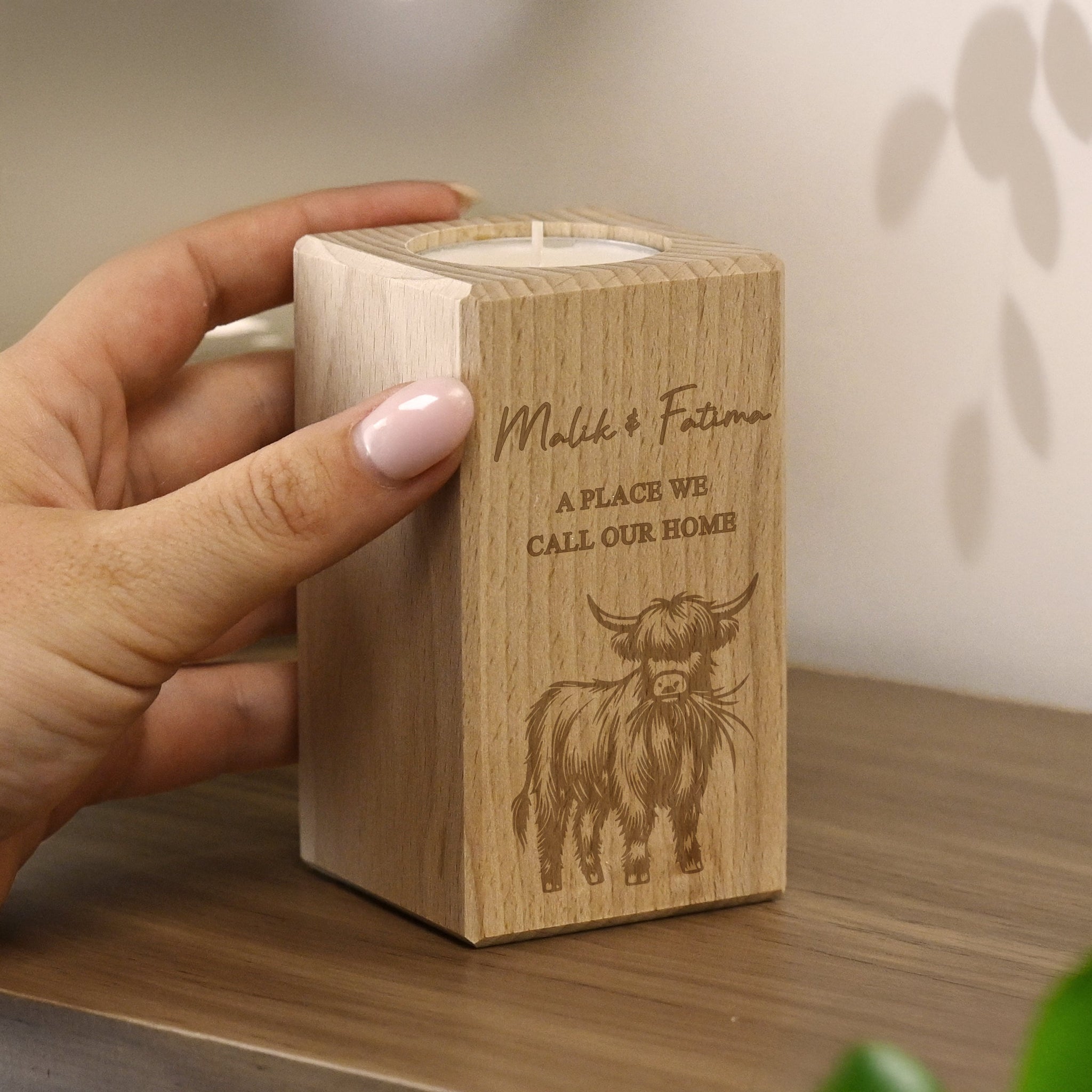 Personalised Highland Cow Wooden Tealight Holder: 2 - Candle Holders By Gift Moments